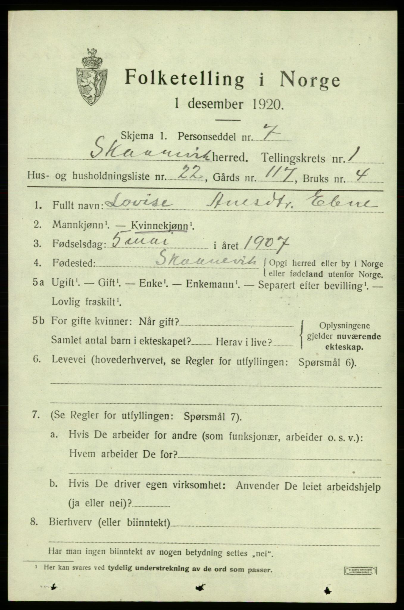 SAB, 1920 census for Skånevik, 1920, p. 2465