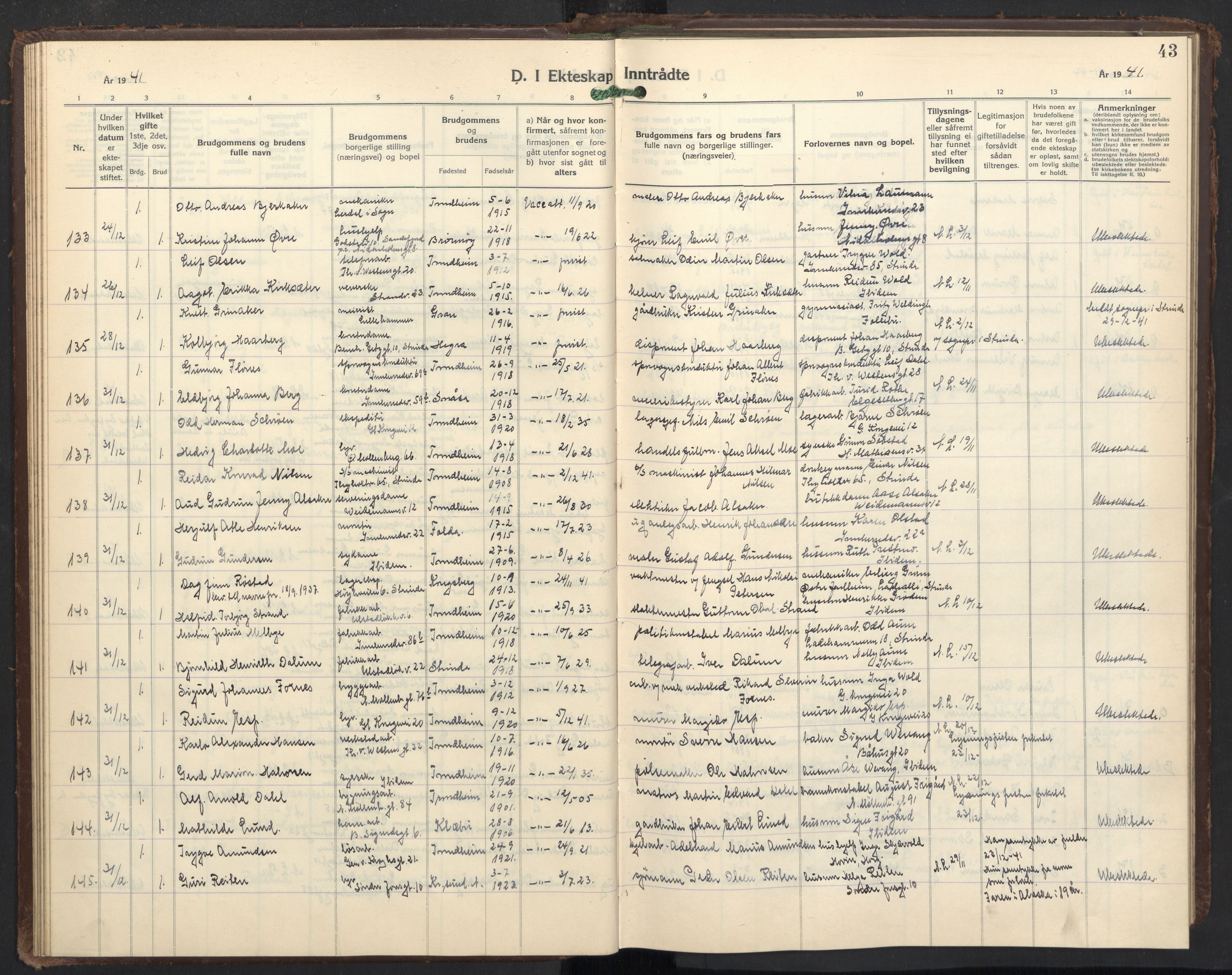 Ministerialprotokoller, klokkerbøker og fødselsregistre - Sør-Trøndelag, SAT/A-1456/605/L0263: Parish register (copy) no. 605C10, 1938-1949, p. 43