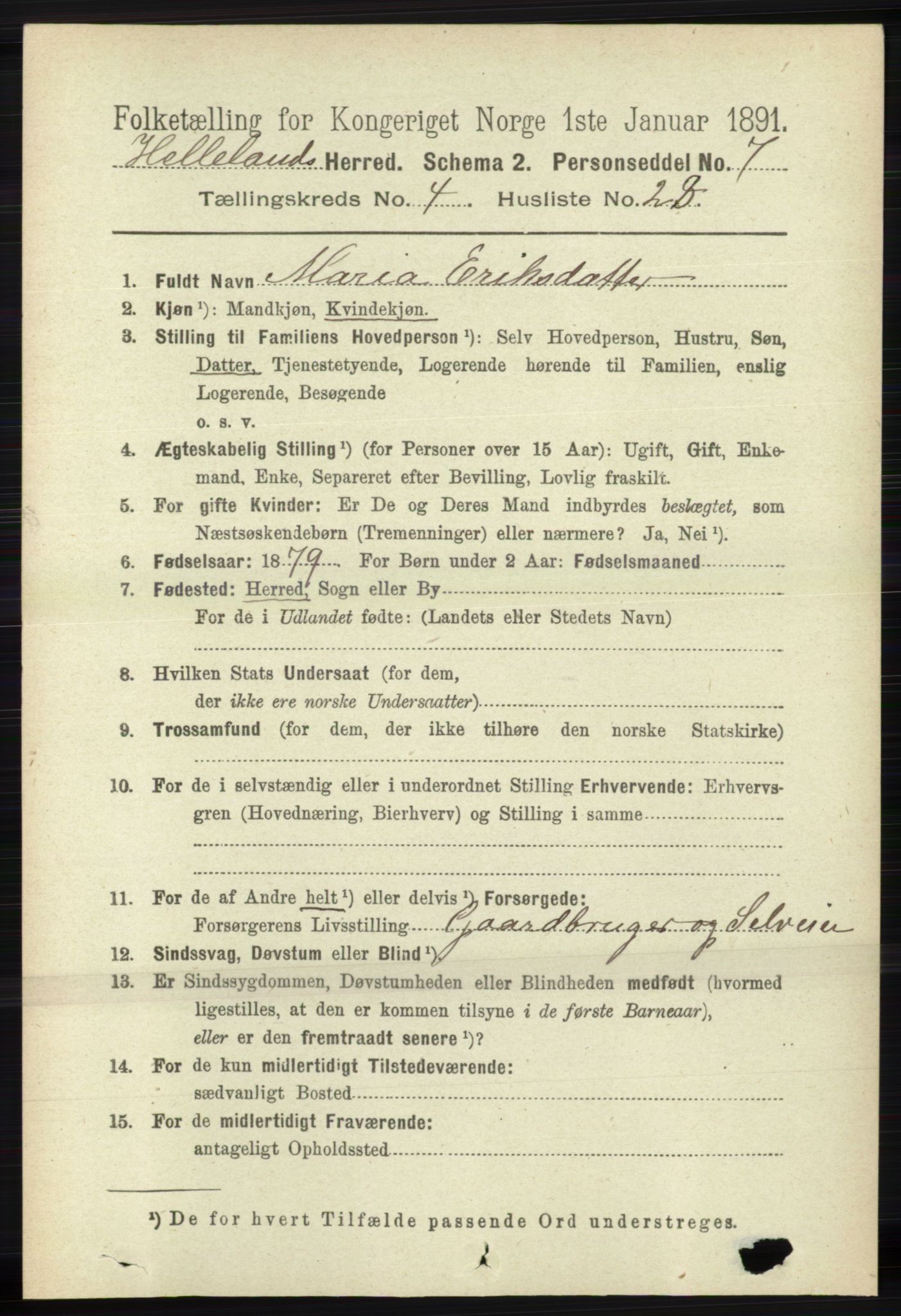 RA, 1891 census for 1115 Helleland, 1891, p. 1332