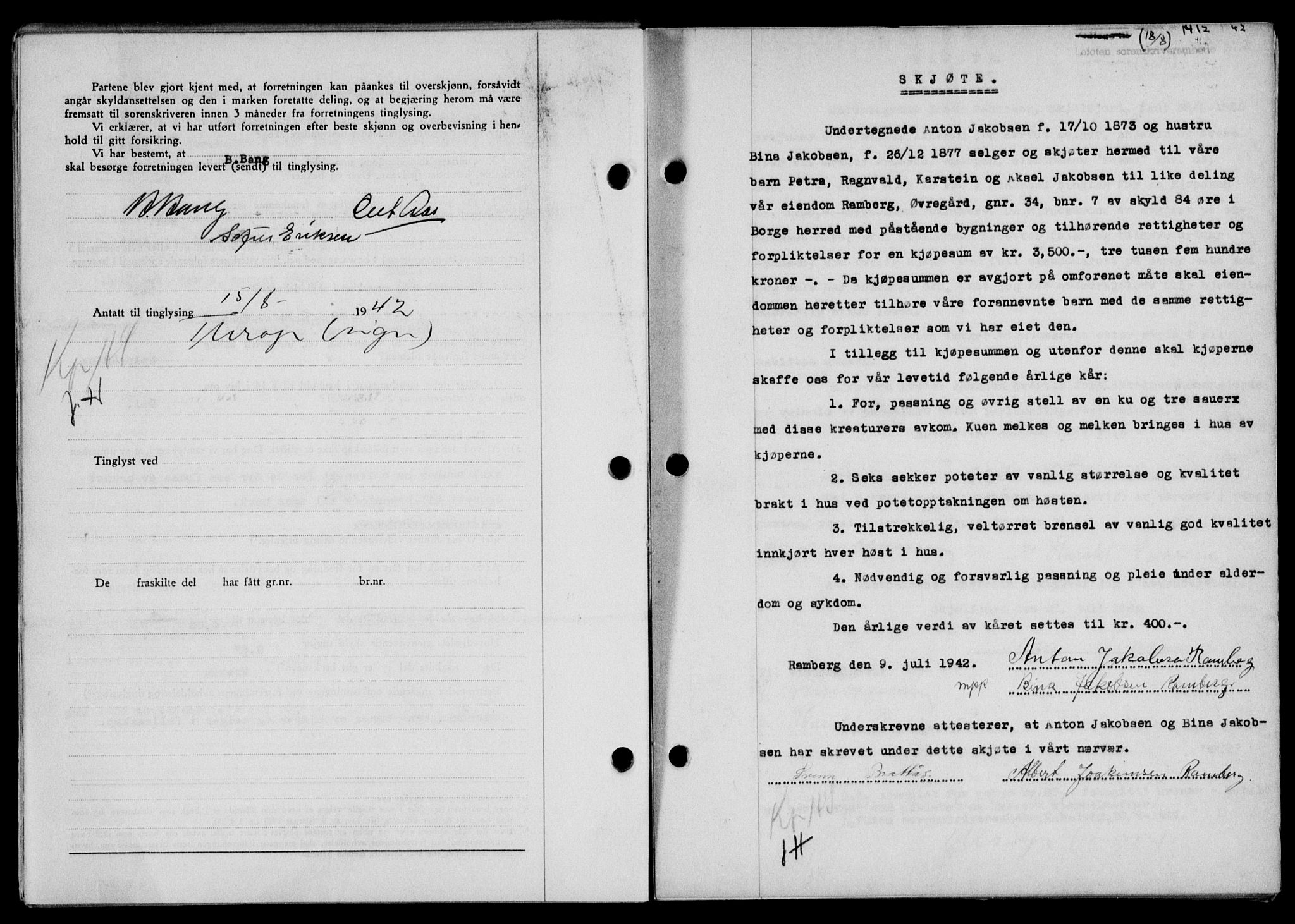 Lofoten sorenskriveri, SAT/A-0017/1/2/2C/L0010a: Mortgage book no. 10a, 1942-1943, Diary no: : 1412/1942