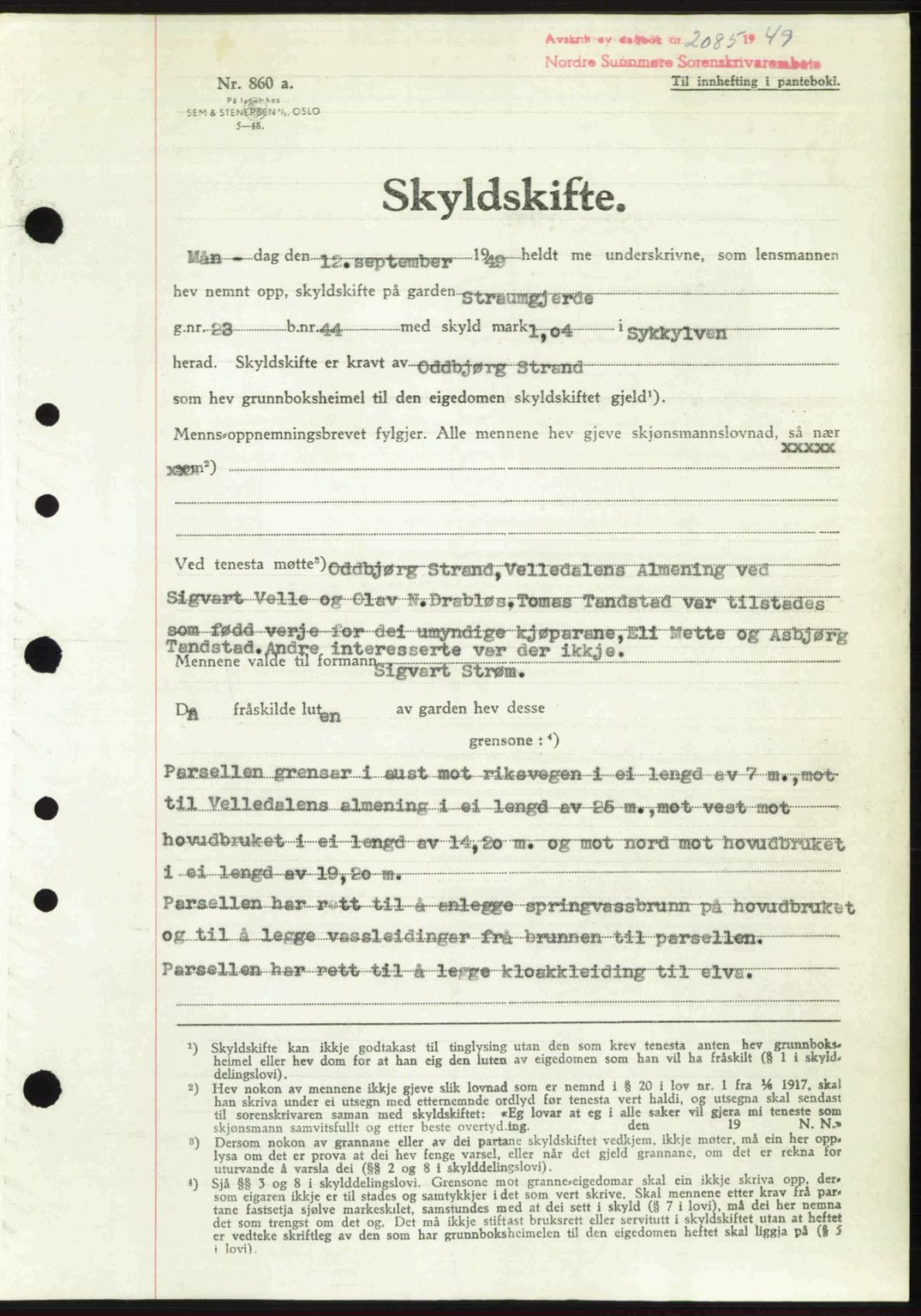 Nordre Sunnmøre sorenskriveri, AV/SAT-A-0006/1/2/2C/2Ca: Mortgage book no. A32, 1949-1949, Diary no: : 2085/1949