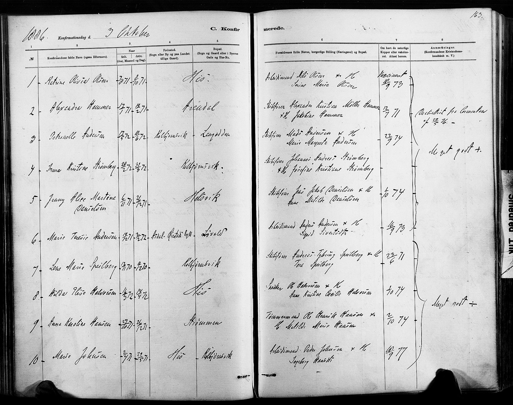 Hisøy sokneprestkontor, AV/SAK-1111-0020/F/Fa/L0003: Parish register (official) no. A 3, 1881-1894, p. 163