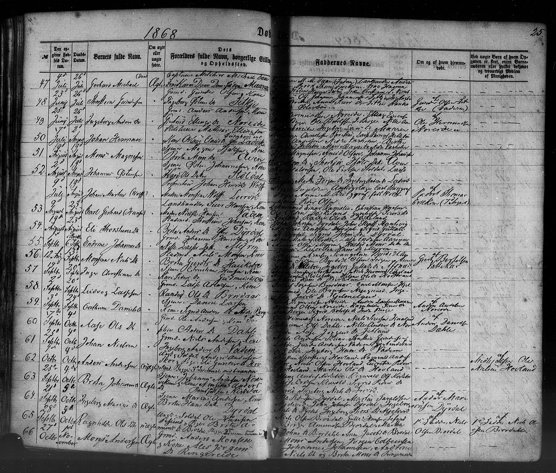 Lavik sokneprestembete, SAB/A-80901: Parish register (official) no. A 4, 1864-1881, p. 25