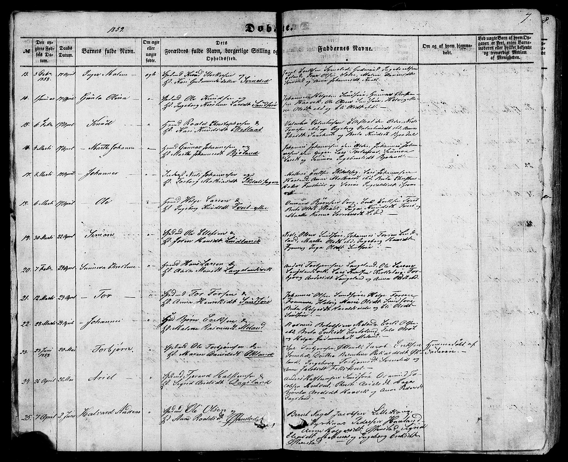 Skjold sokneprestkontor, AV/SAST-A-101847/H/Ha/Haa/L0008: Parish register (official) no. A 8, 1856-1882, p. 7