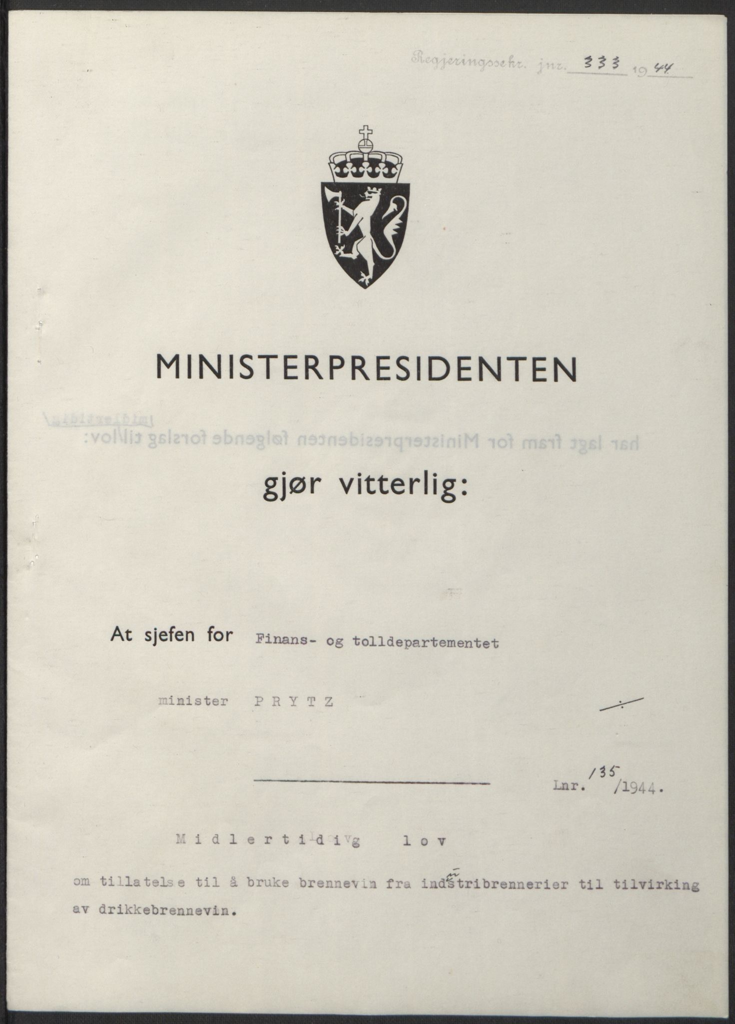 NS-administrasjonen 1940-1945 (Statsrådsekretariatet, de kommisariske statsråder mm), RA/S-4279/D/Db/L0100: Lover, 1944, p. 651