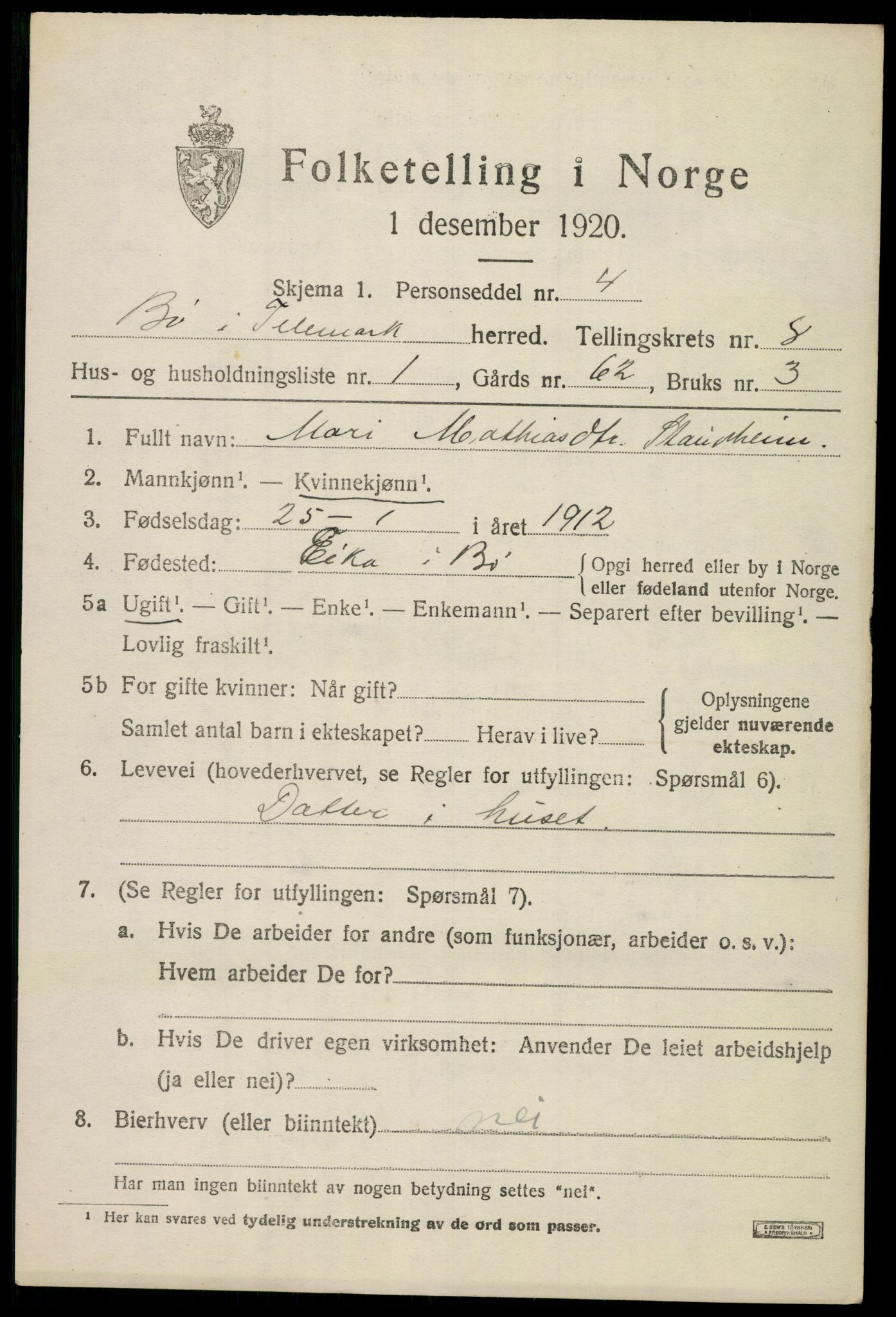 SAKO, 1920 census for Bø (Telemark), 1920, p. 5768