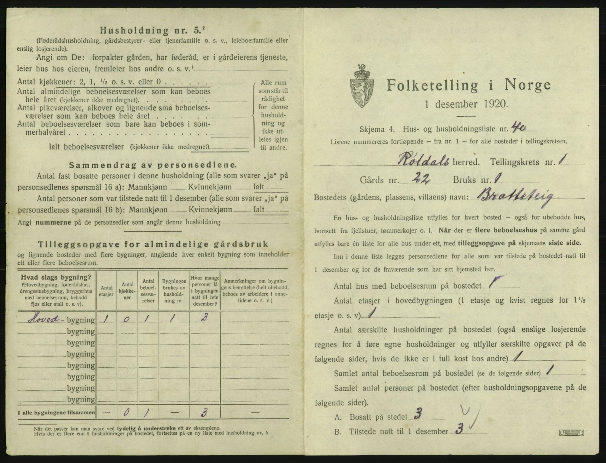 SAB, 1920 census for Røldal, 1920, p. 93