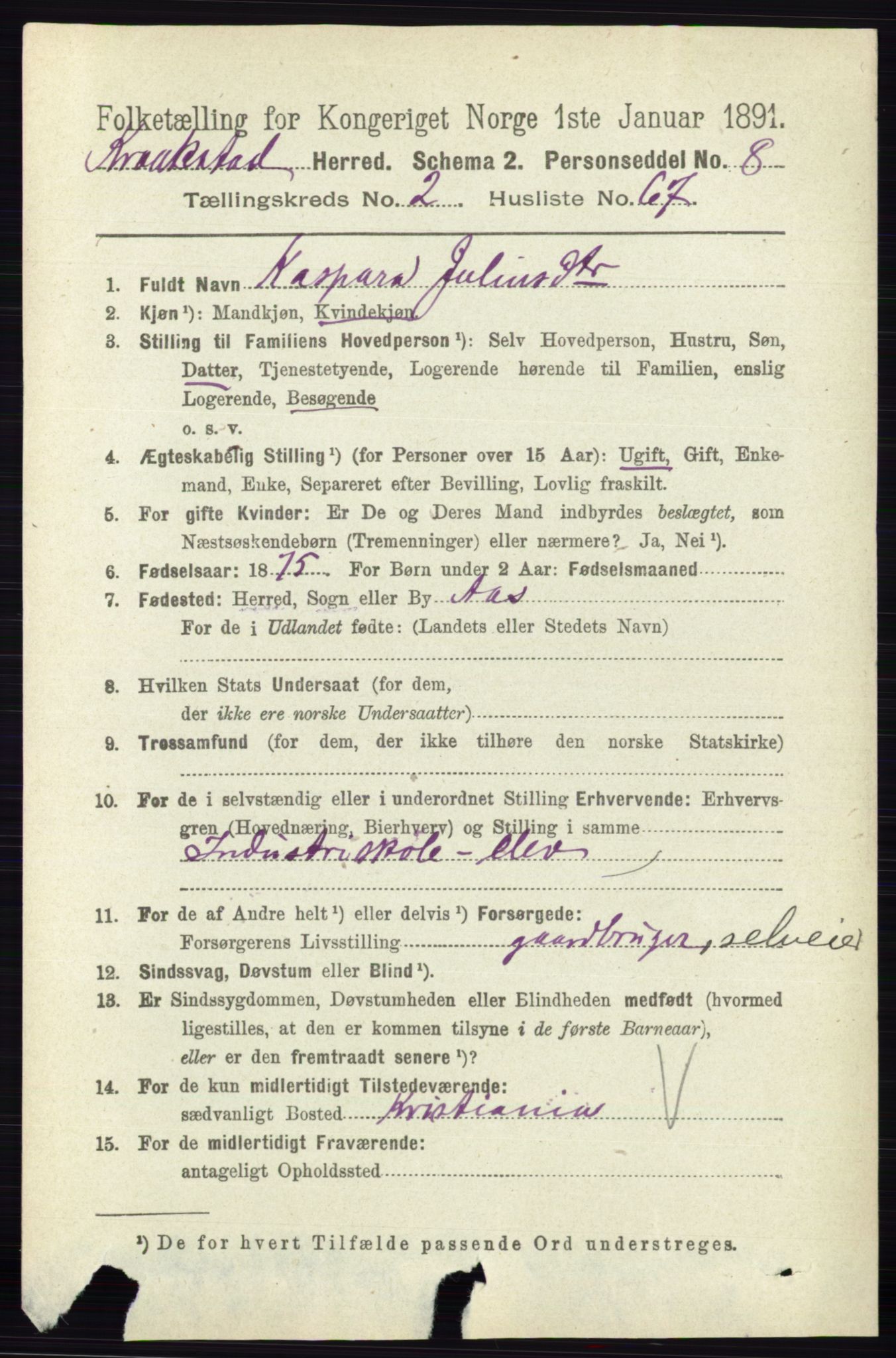 RA, 1891 census for 0212 Kråkstad, 1891, p. 1112