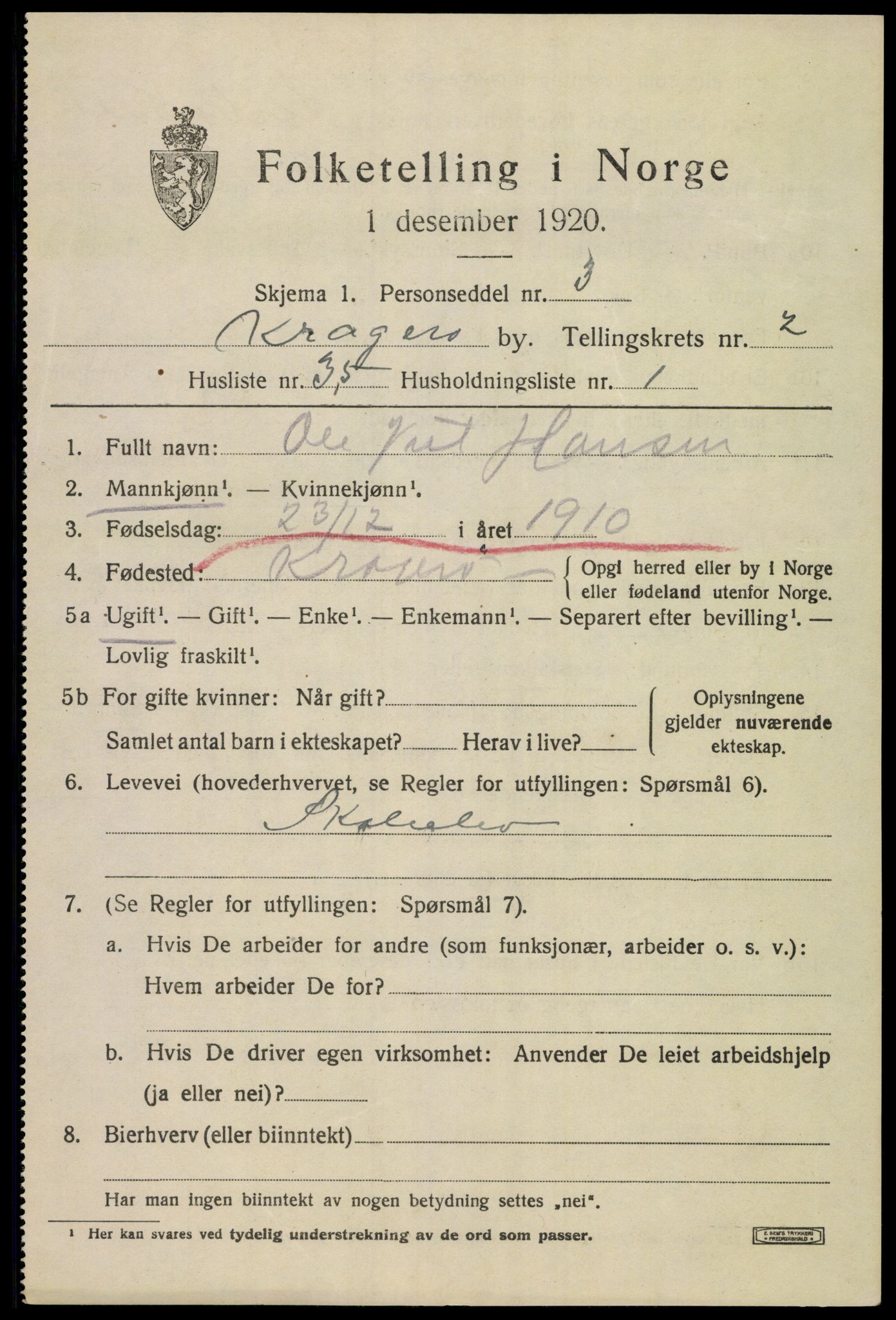 SAKO, 1920 census for Kragerø, 1920, p. 5773