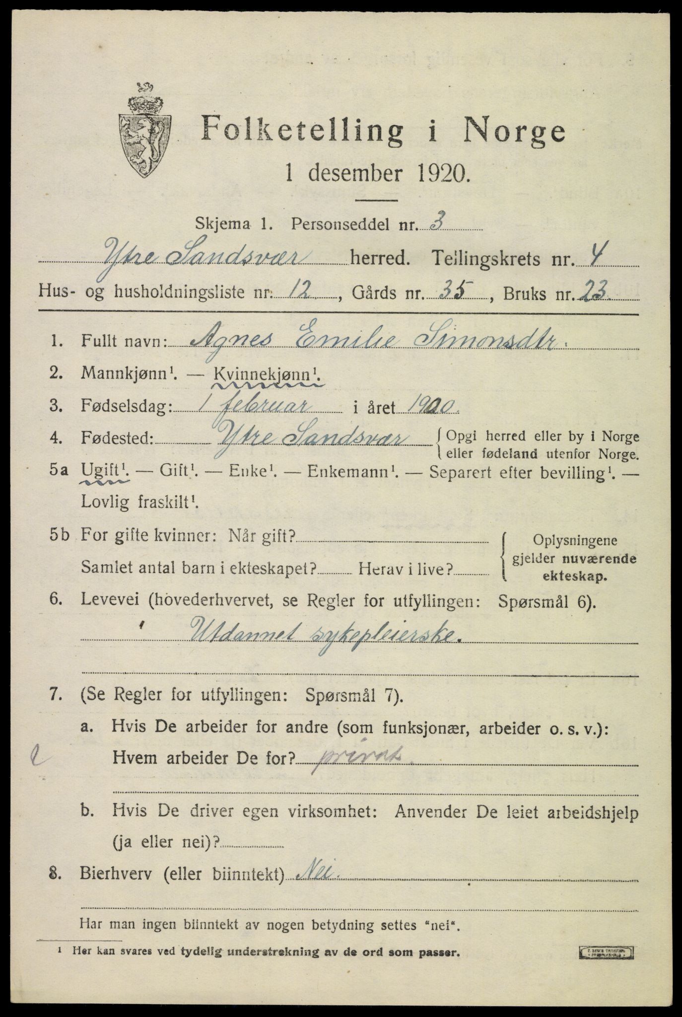 SAKO, 1920 census for Ytre Sandsvær, 1920, p. 4520