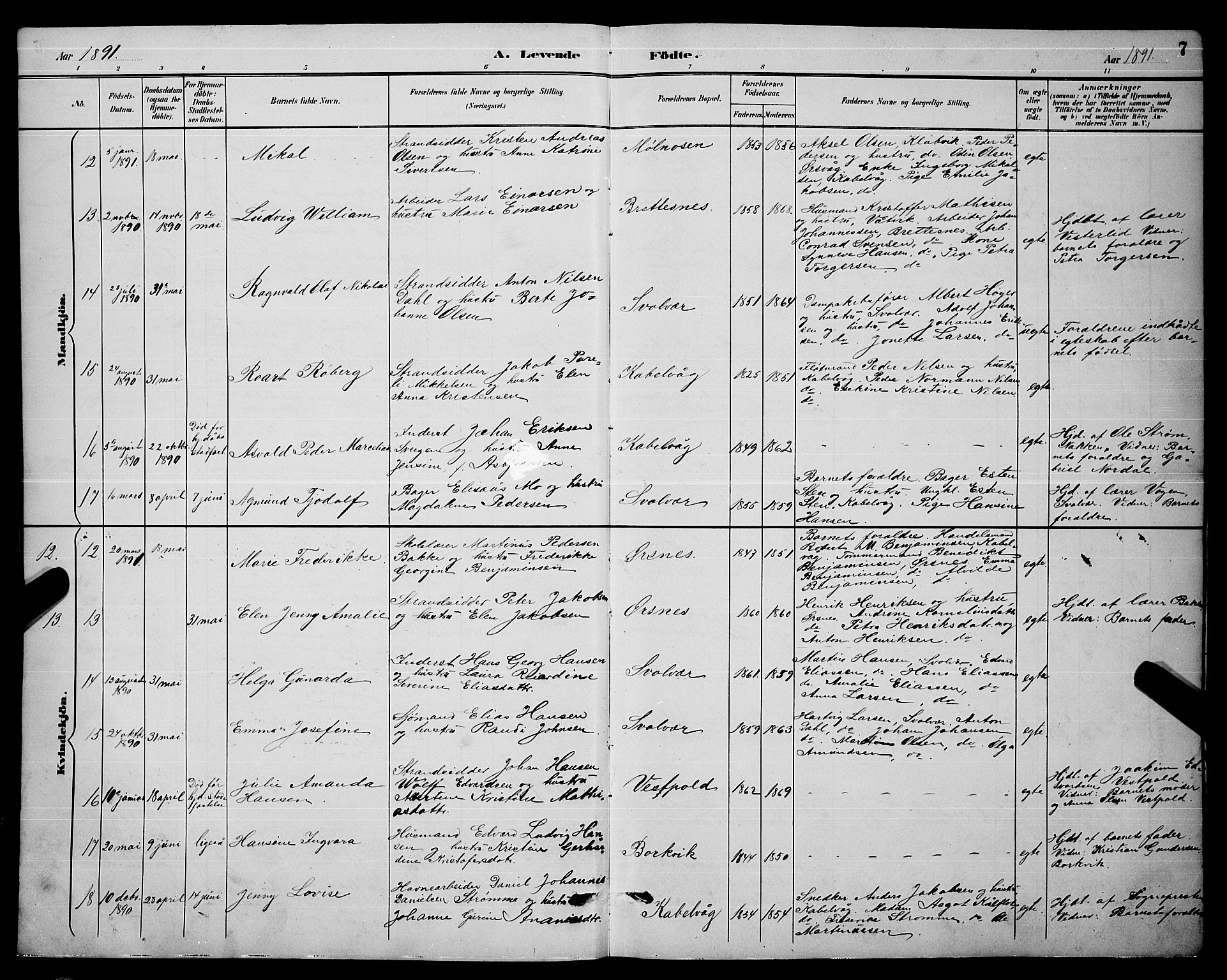 Ministerialprotokoller, klokkerbøker og fødselsregistre - Nordland, AV/SAT-A-1459/874/L1077: Parish register (copy) no. 874C06, 1891-1900, p. 7