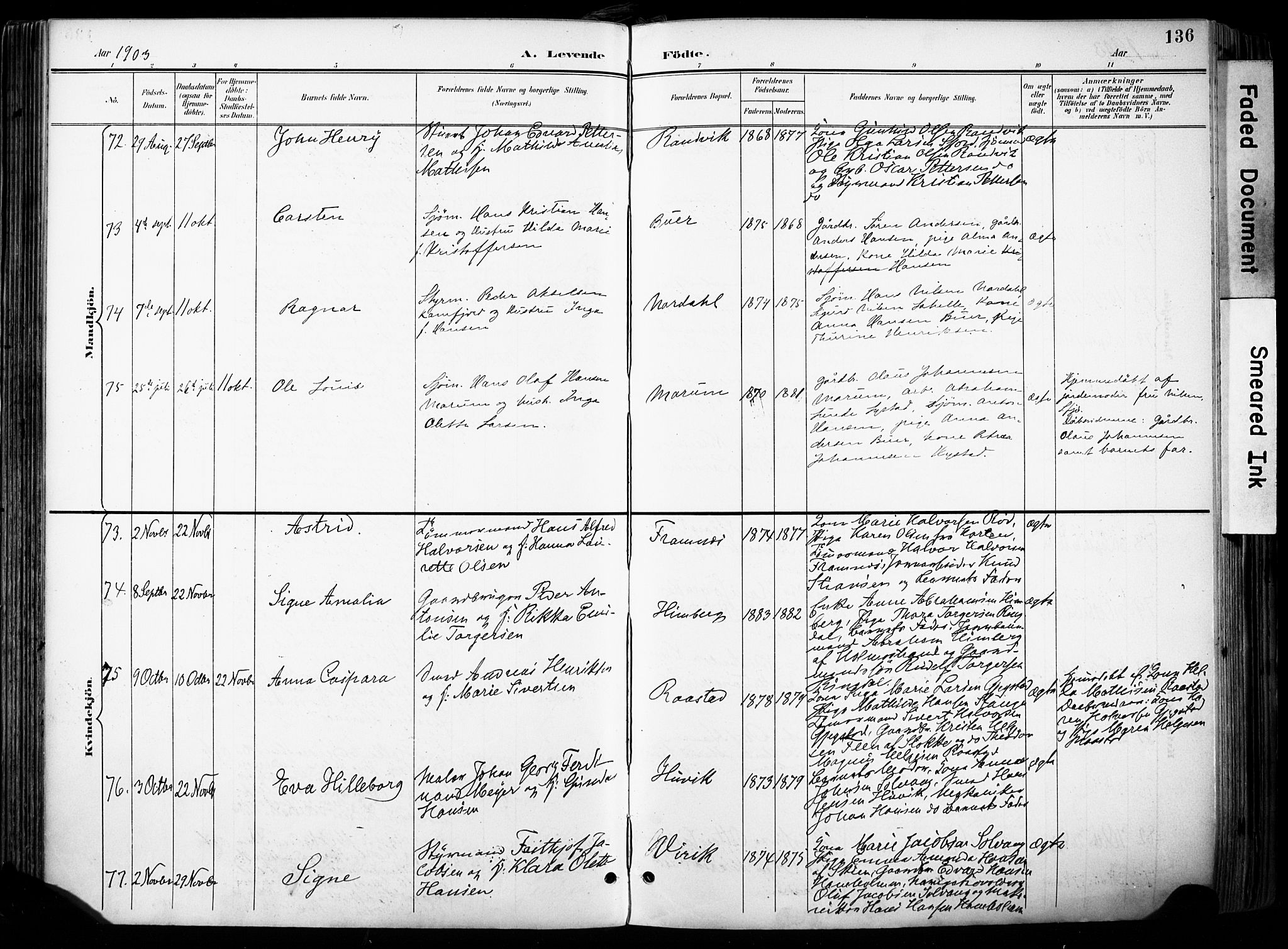 Sandar kirkebøker, SAKO/A-243/F/Fa/L0014: Parish register (official) no. 14, 1896-1909, p. 136