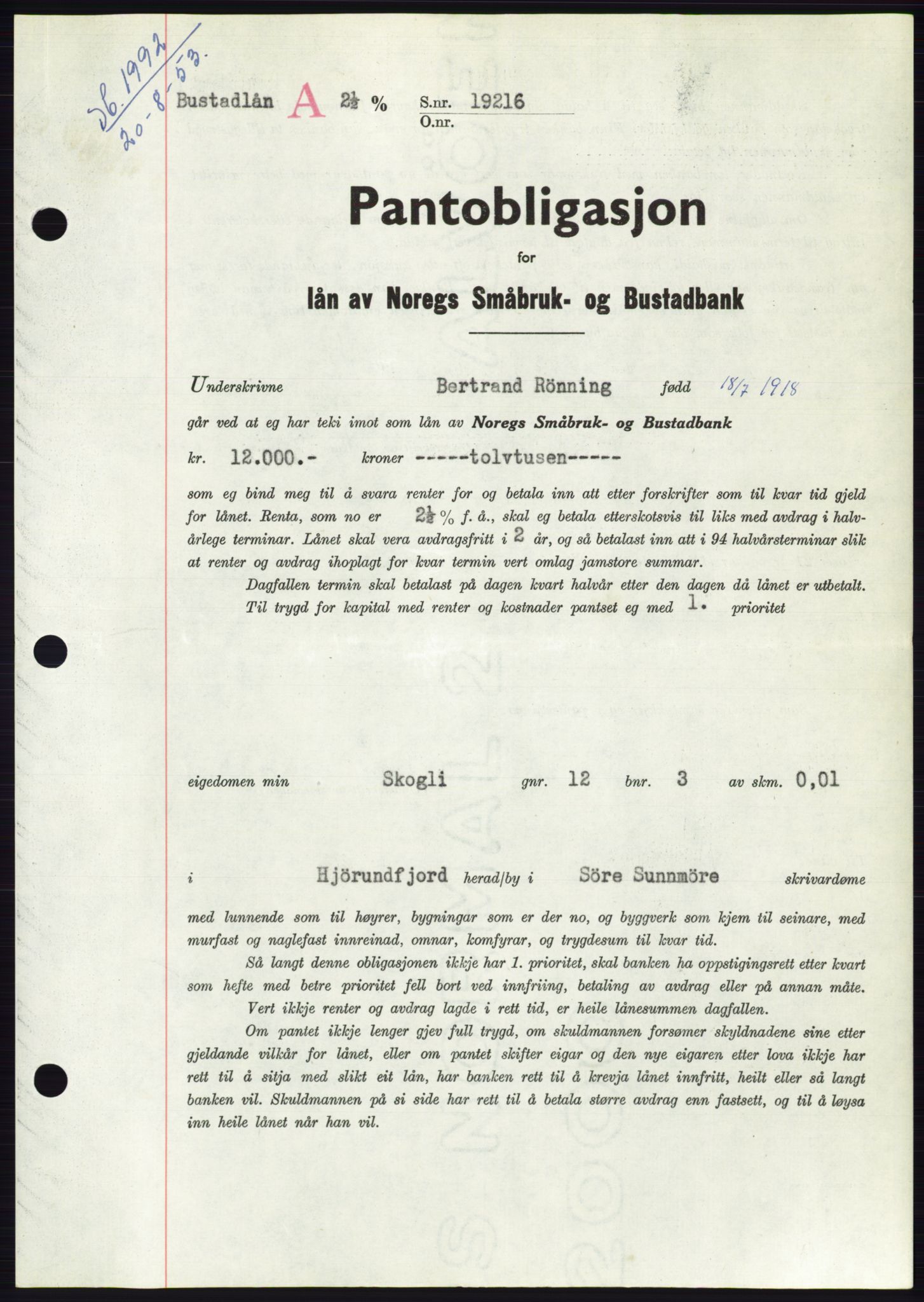 Søre Sunnmøre sorenskriveri, AV/SAT-A-4122/1/2/2C/L0123: Mortgage book no. 11B, 1953-1953, Diary no: : 1992/1953