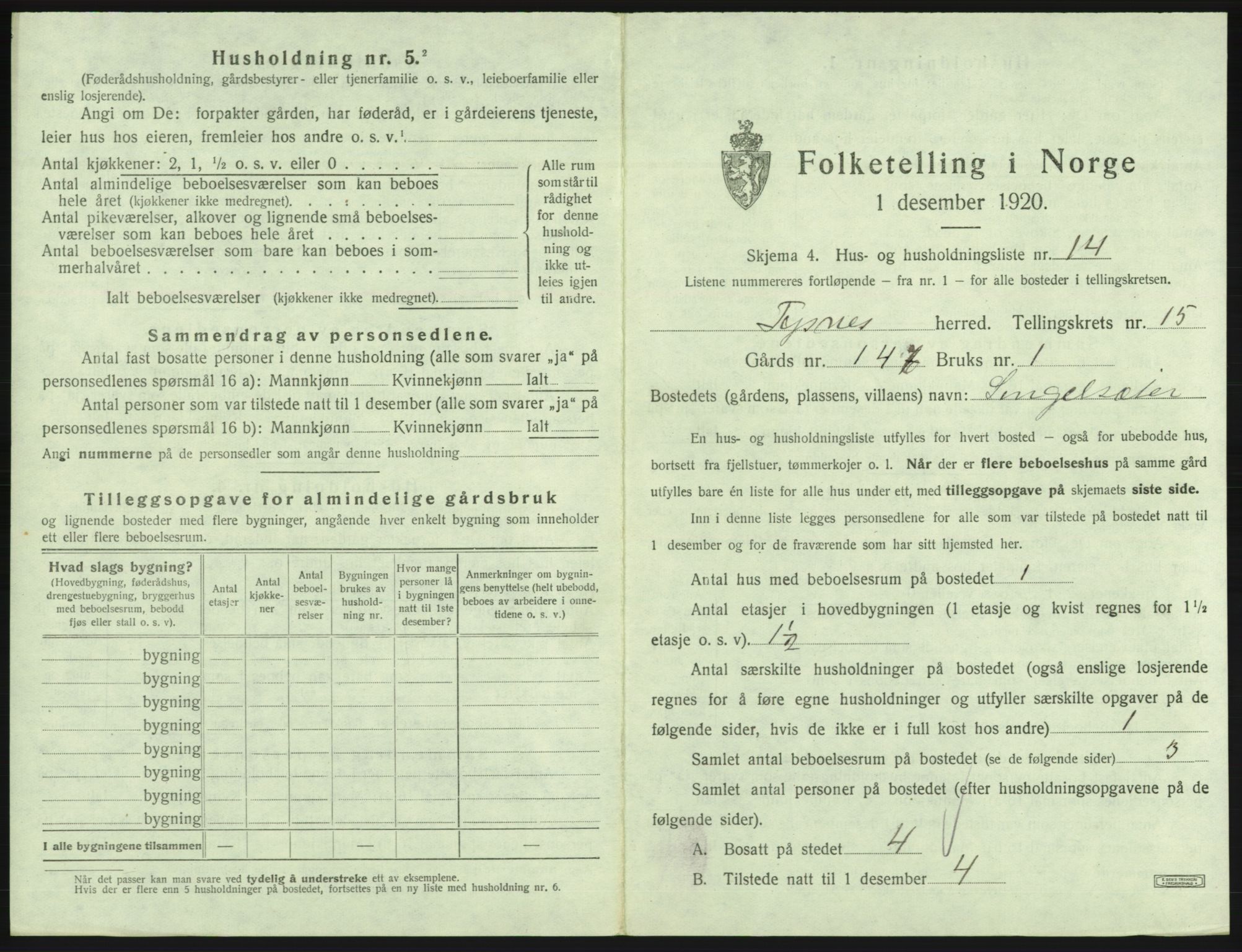 SAB, 1920 census for Tysnes, 1920, p. 1542