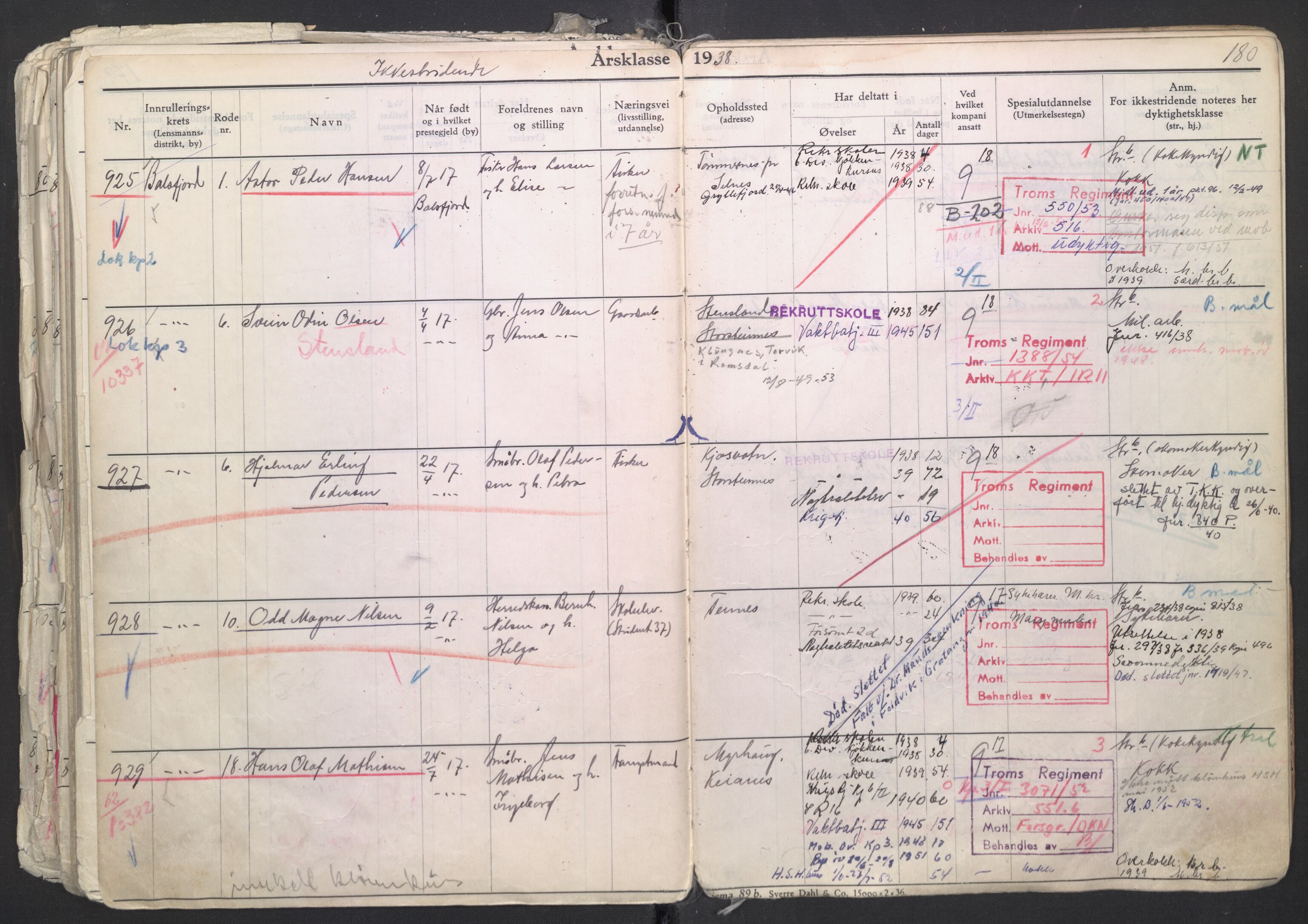 Forsvaret, Troms infanteriregiment nr. 16, AV/RA-RAFA-3146/P/Pa/L0007/0003: Ruller / Rulle for regimentets menige mannskaper, årsklasse 1938, 1938, p. 180