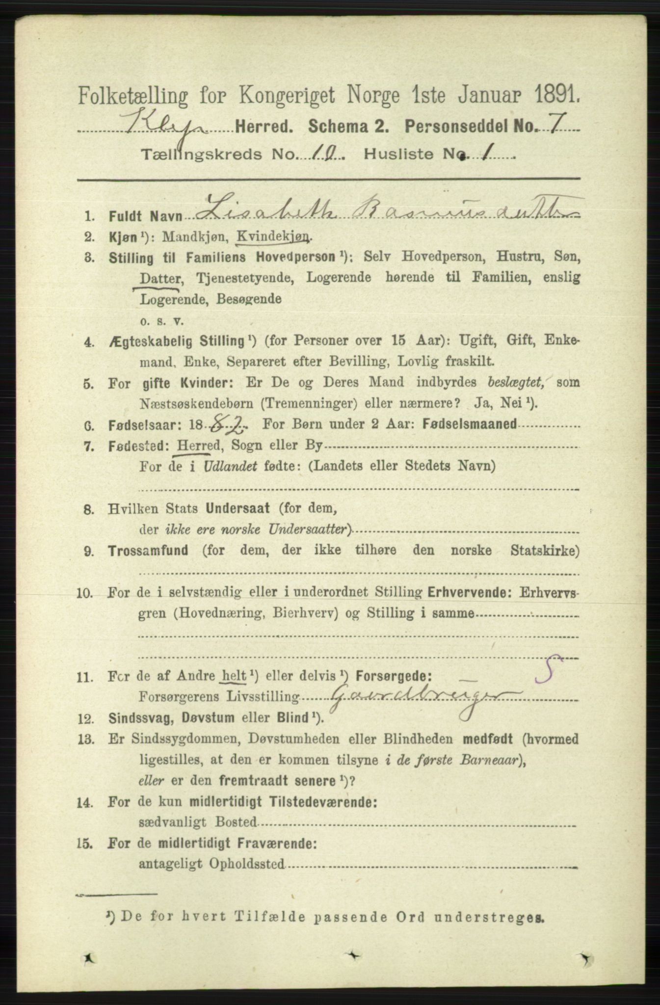 RA, 1891 census for 1120 Klepp, 1891, p. 2858