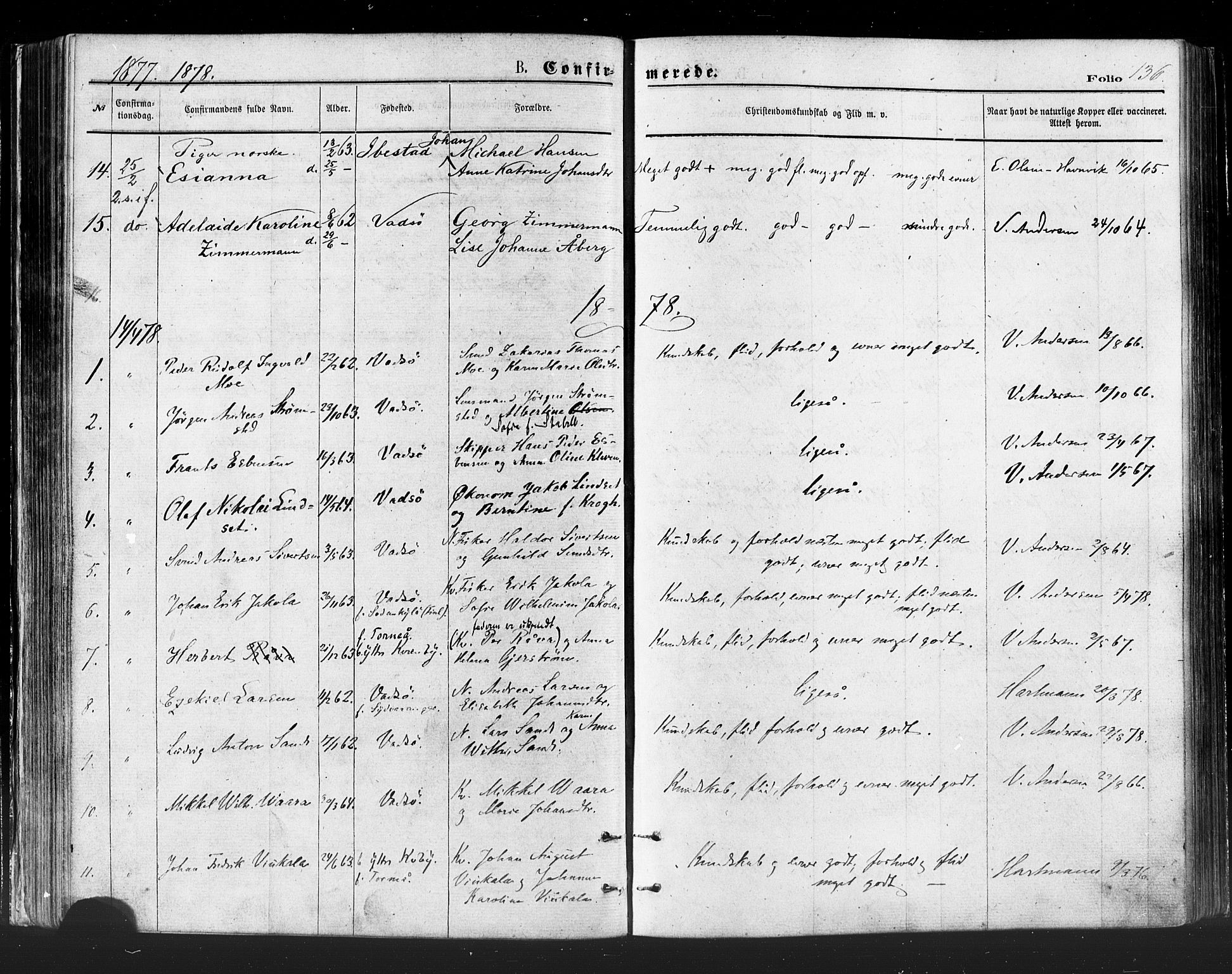 Vadsø sokneprestkontor, SATØ/S-1325/H/Ha/L0005kirke: Parish register (official) no. 5, 1873-1884, p. 136