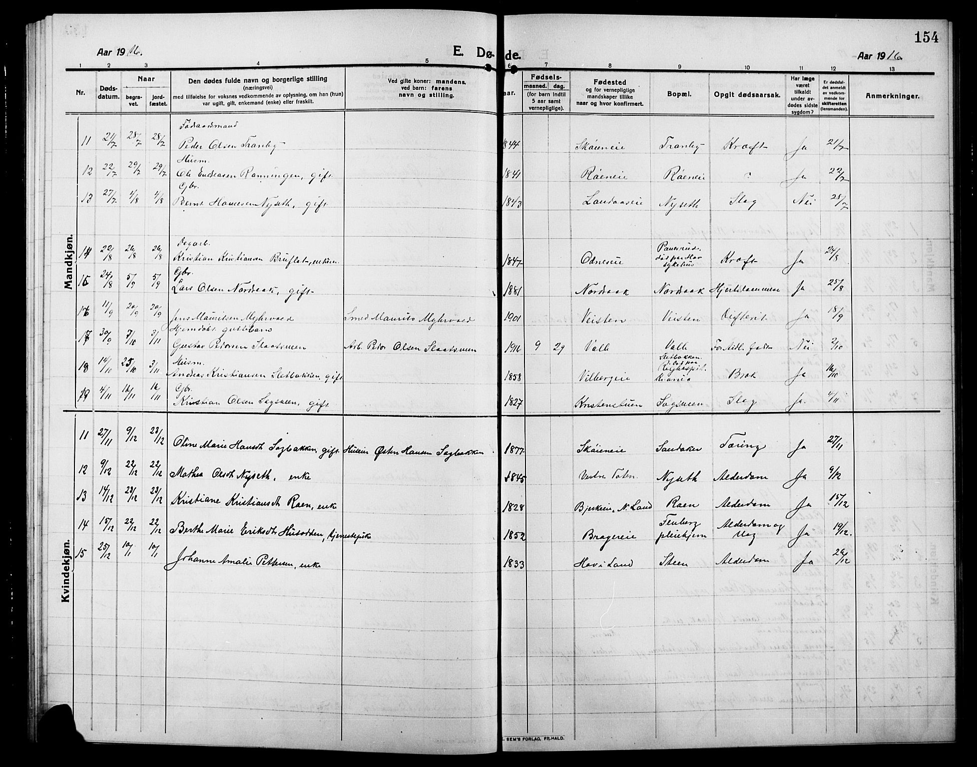 Søndre Land prestekontor, SAH/PREST-122/L/L0006: Parish register (copy) no. 6, 1912-1925, p. 154