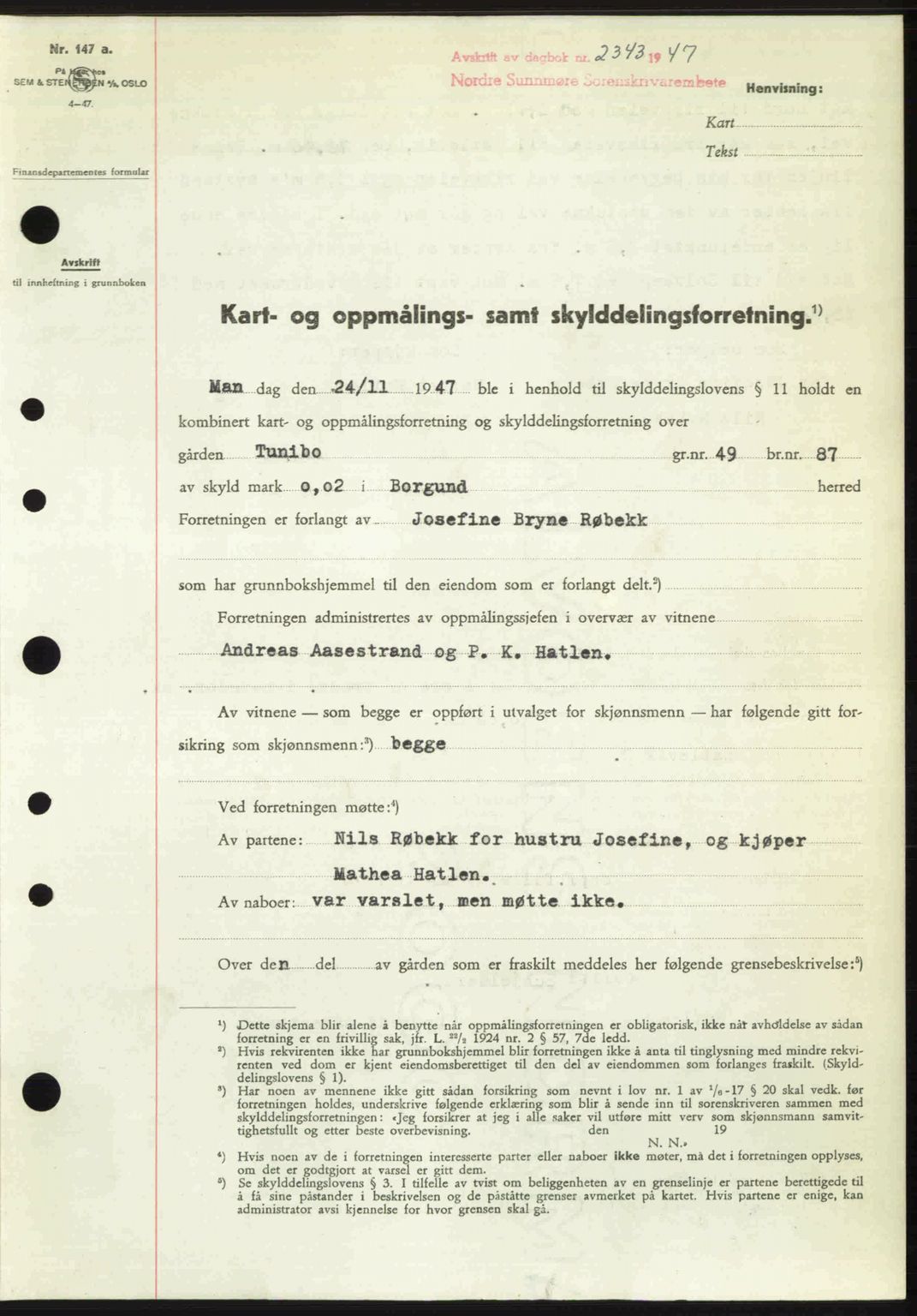 Nordre Sunnmøre sorenskriveri, AV/SAT-A-0006/1/2/2C/2Ca: Mortgage book no. A26, 1947-1948, Diary no: : 2343/1947