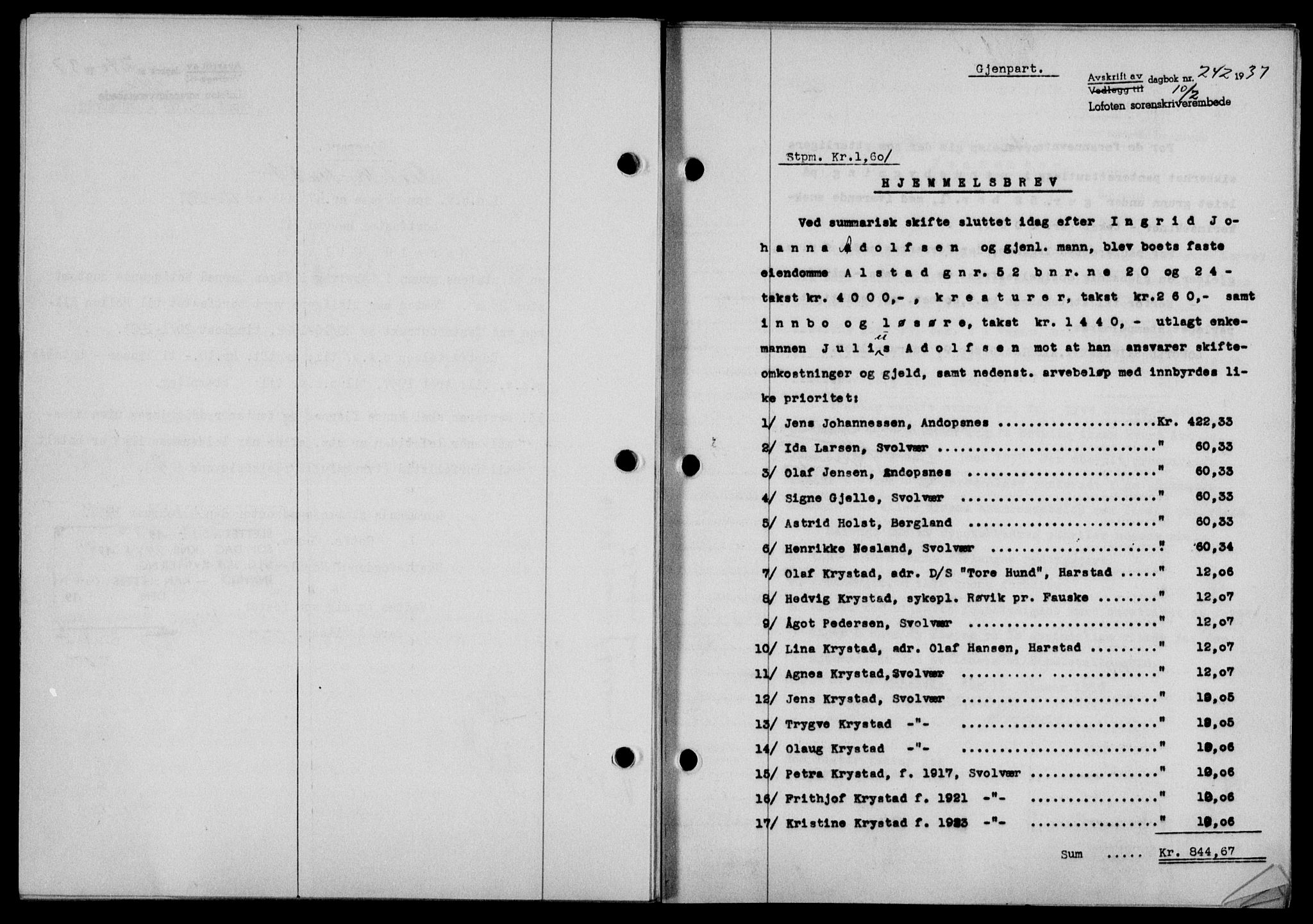 Lofoten sorenskriveri, SAT/A-0017/1/2/2C/L0001a: Mortgage book no. 1a, 1936-1937, Diary no: : 242/1937