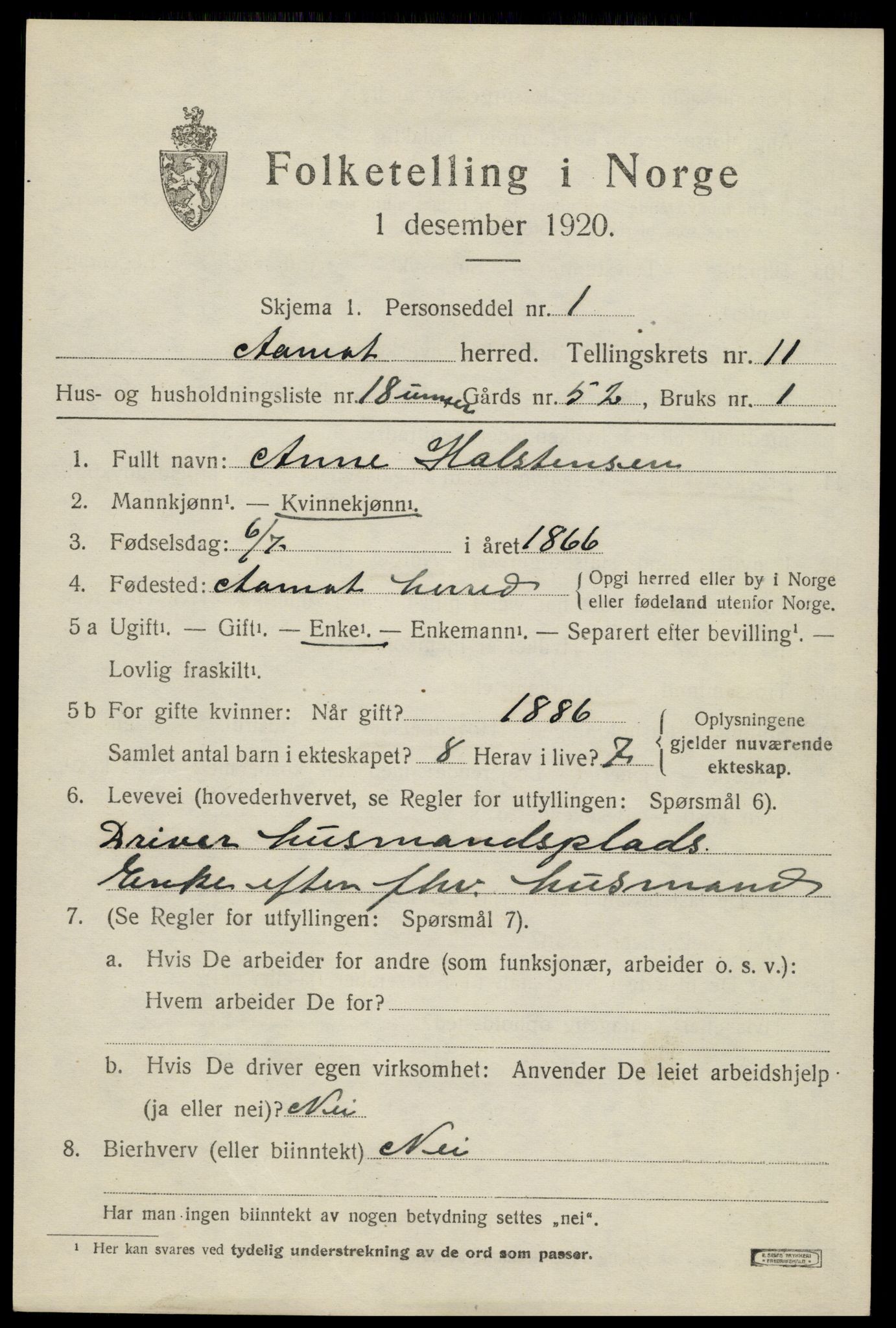 SAH, 1920 census for Åmot, 1920, p. 9589