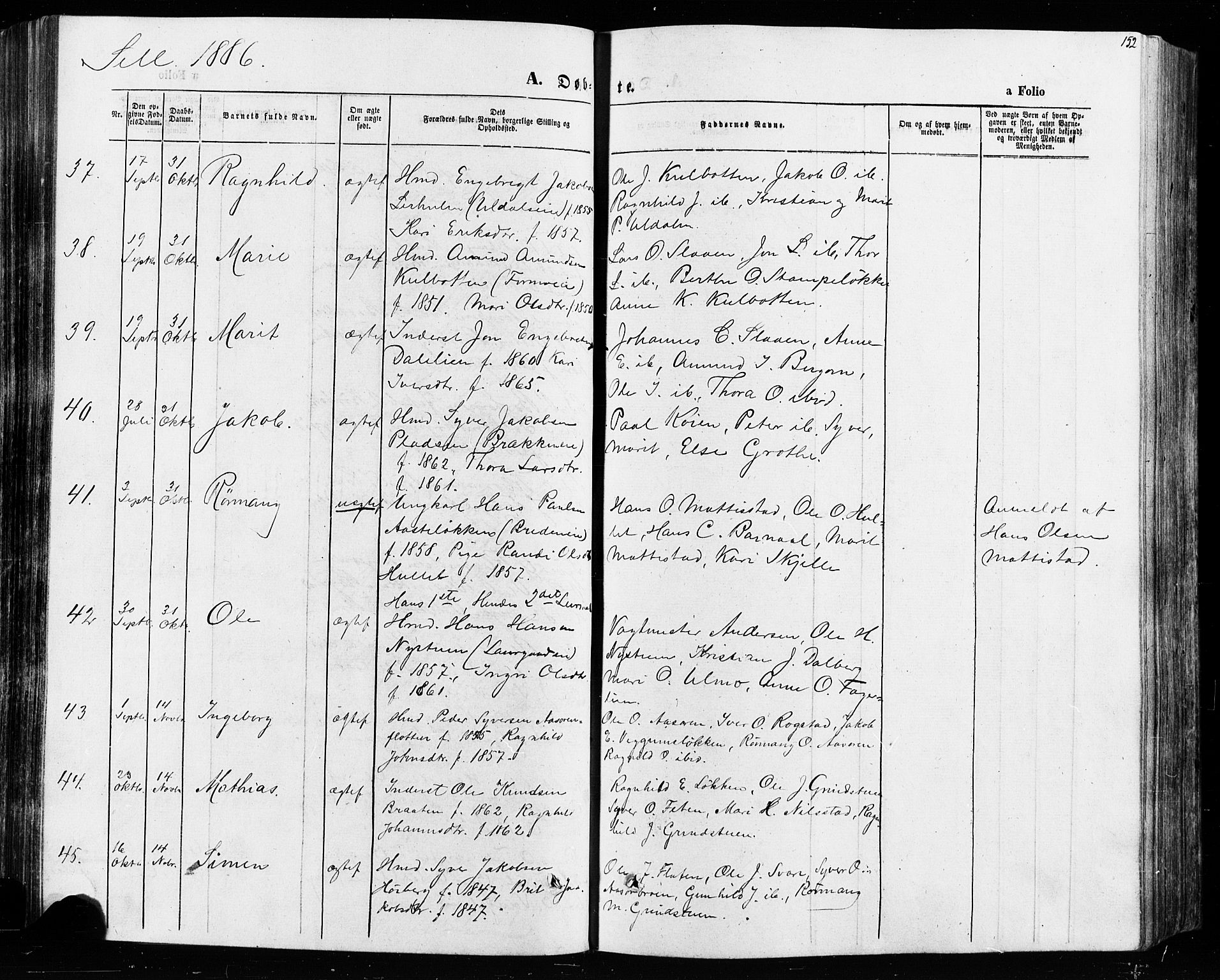 Vågå prestekontor, AV/SAH-PREST-076/H/Ha/Haa/L0007: Parish register (official) no. 7 /3, 1872-1886, p. 152