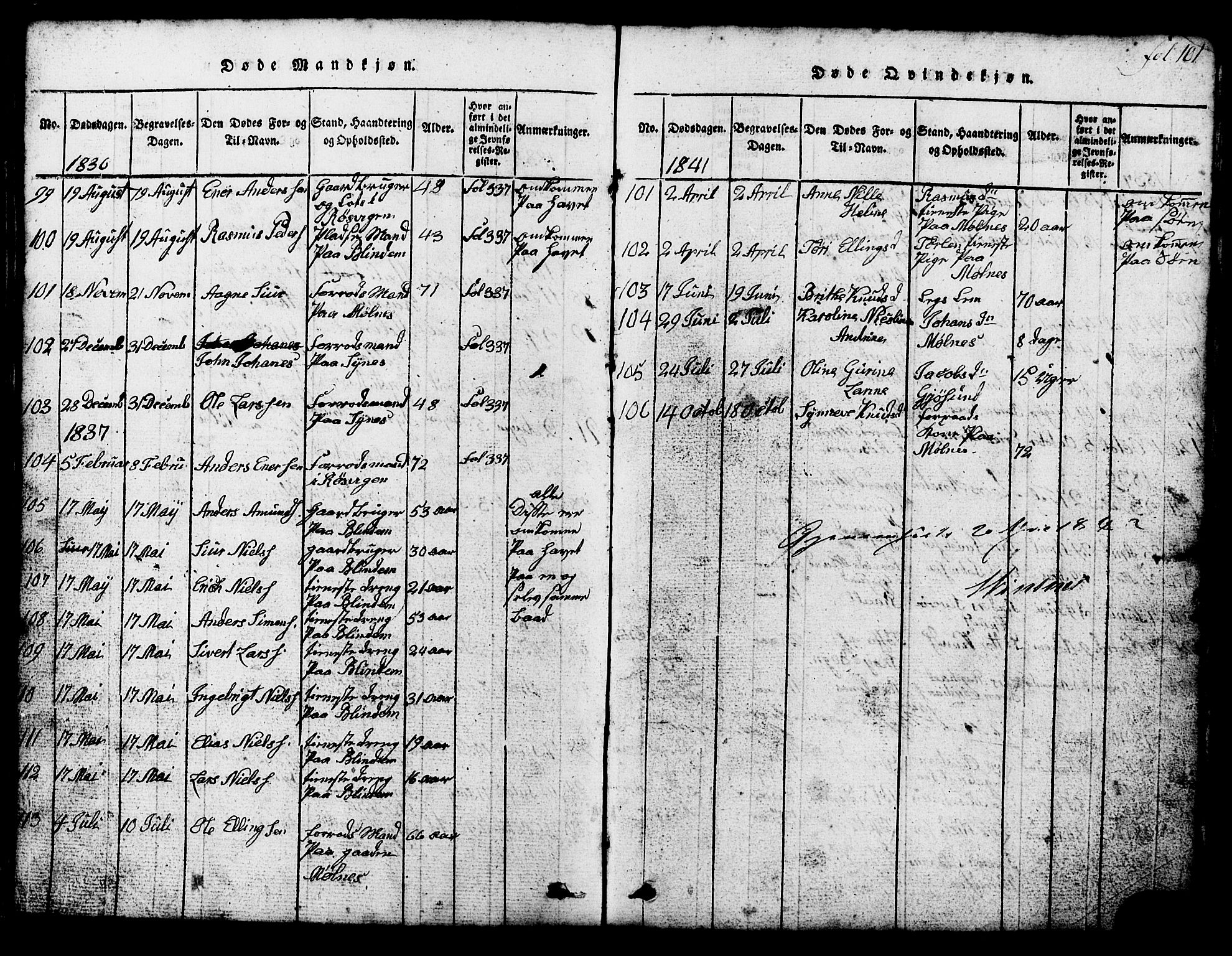 Ministerialprotokoller, klokkerbøker og fødselsregistre - Møre og Romsdal, AV/SAT-A-1454/537/L0520: Parish register (copy) no. 537C01, 1819-1868, p. 101