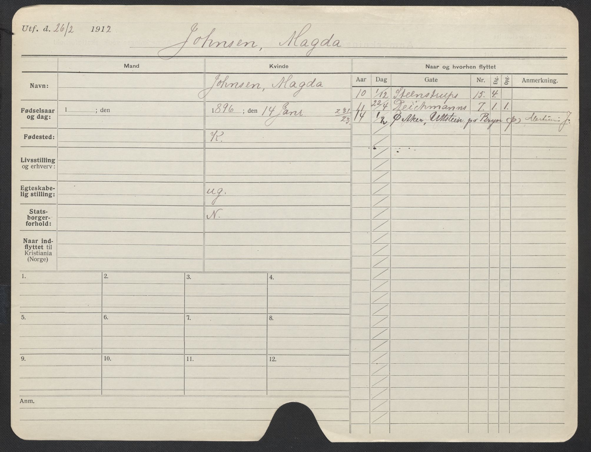 Oslo folkeregister, Registerkort, AV/SAO-A-11715/F/Fa/Fac/L0018: Kvinner, 1906-1914, p. 556a