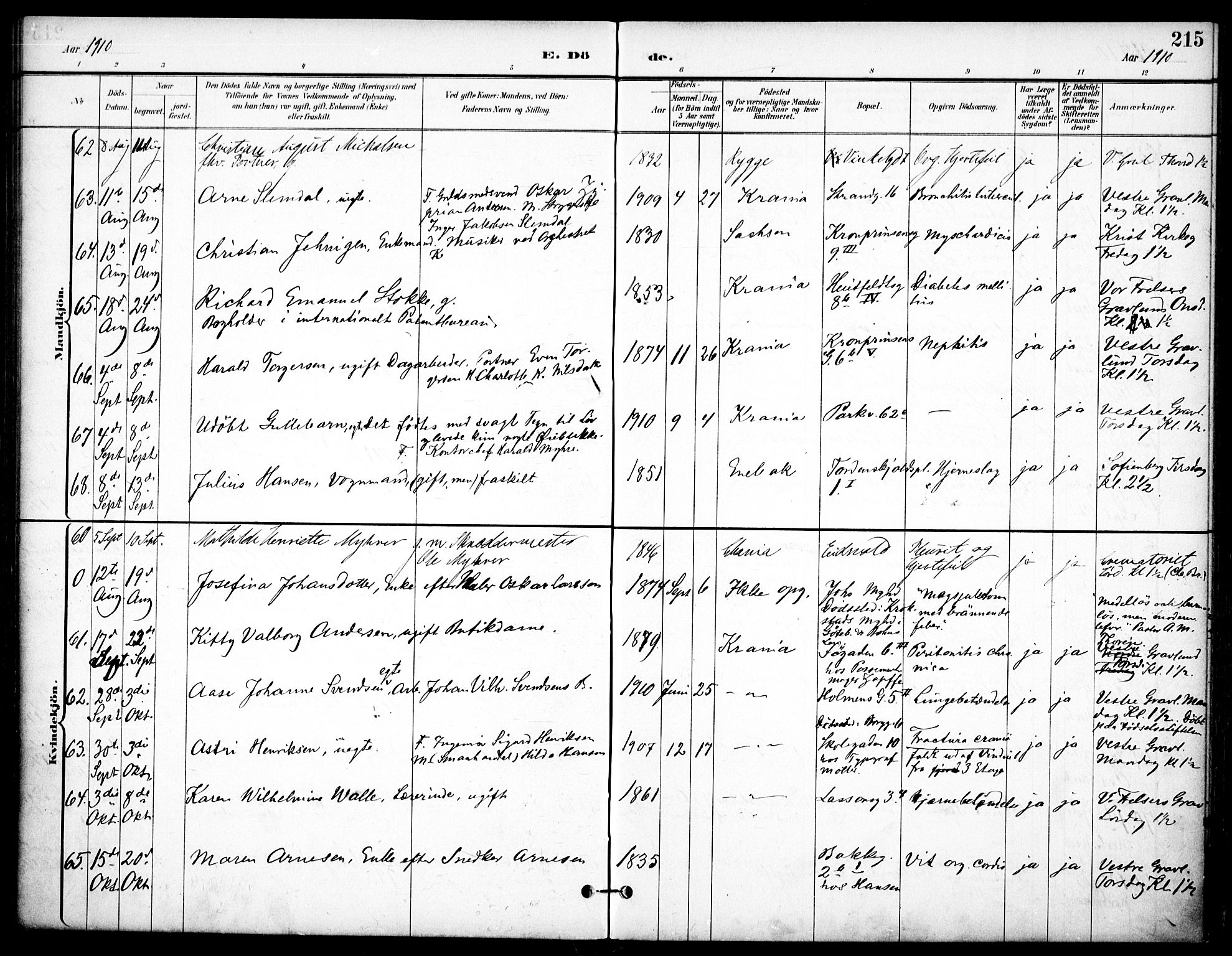 Johannes prestekontor Kirkebøker, AV/SAO-A-10852/F/Fa/L0008: Parish register (official) no. 8, 1897-1917, p. 215