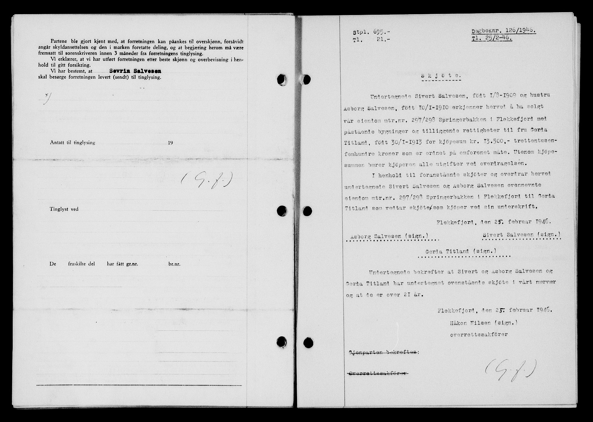 Flekkefjord sorenskriveri, SAK/1221-0001/G/Gb/Gba/L0060: Mortgage book no. A-8, 1945-1946, Diary no: : 126/1946