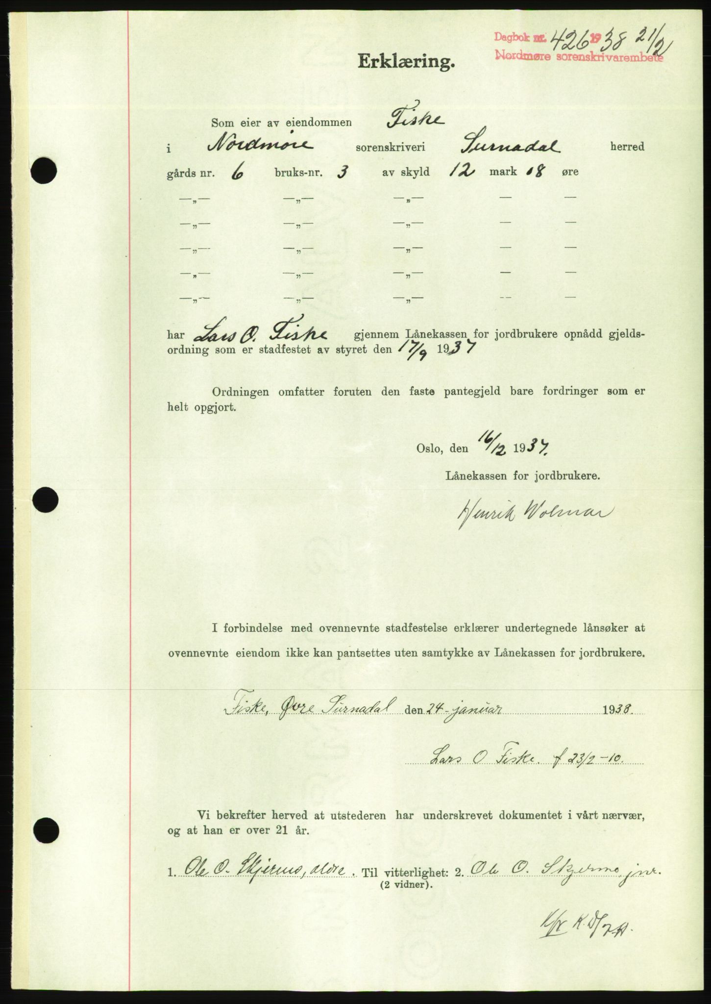 Nordmøre sorenskriveri, AV/SAT-A-4132/1/2/2Ca/L0092: Mortgage book no. B82, 1937-1938, Diary no: : 426/1938