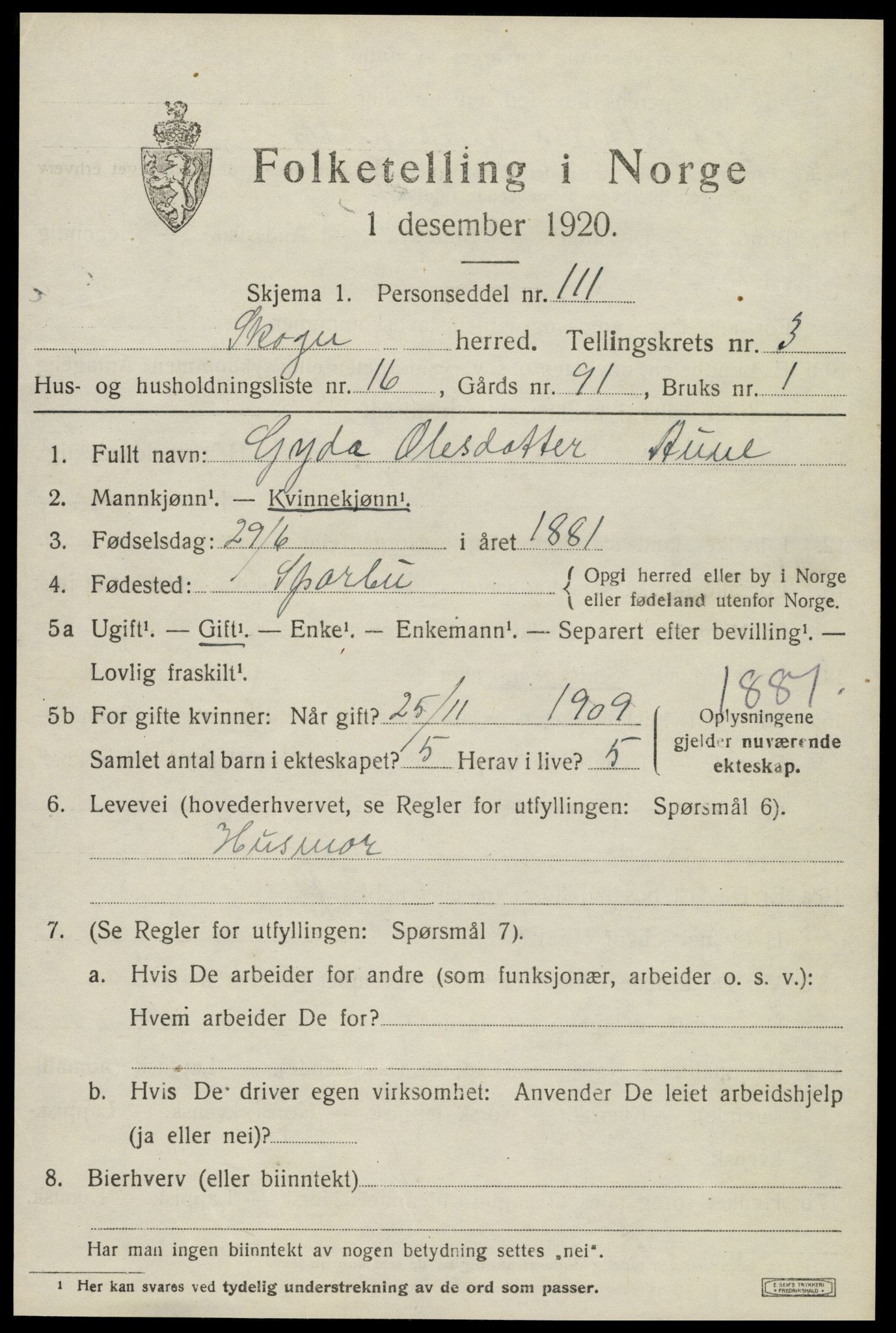 SAT, 1920 census for Skogn, 1920, p. 4815