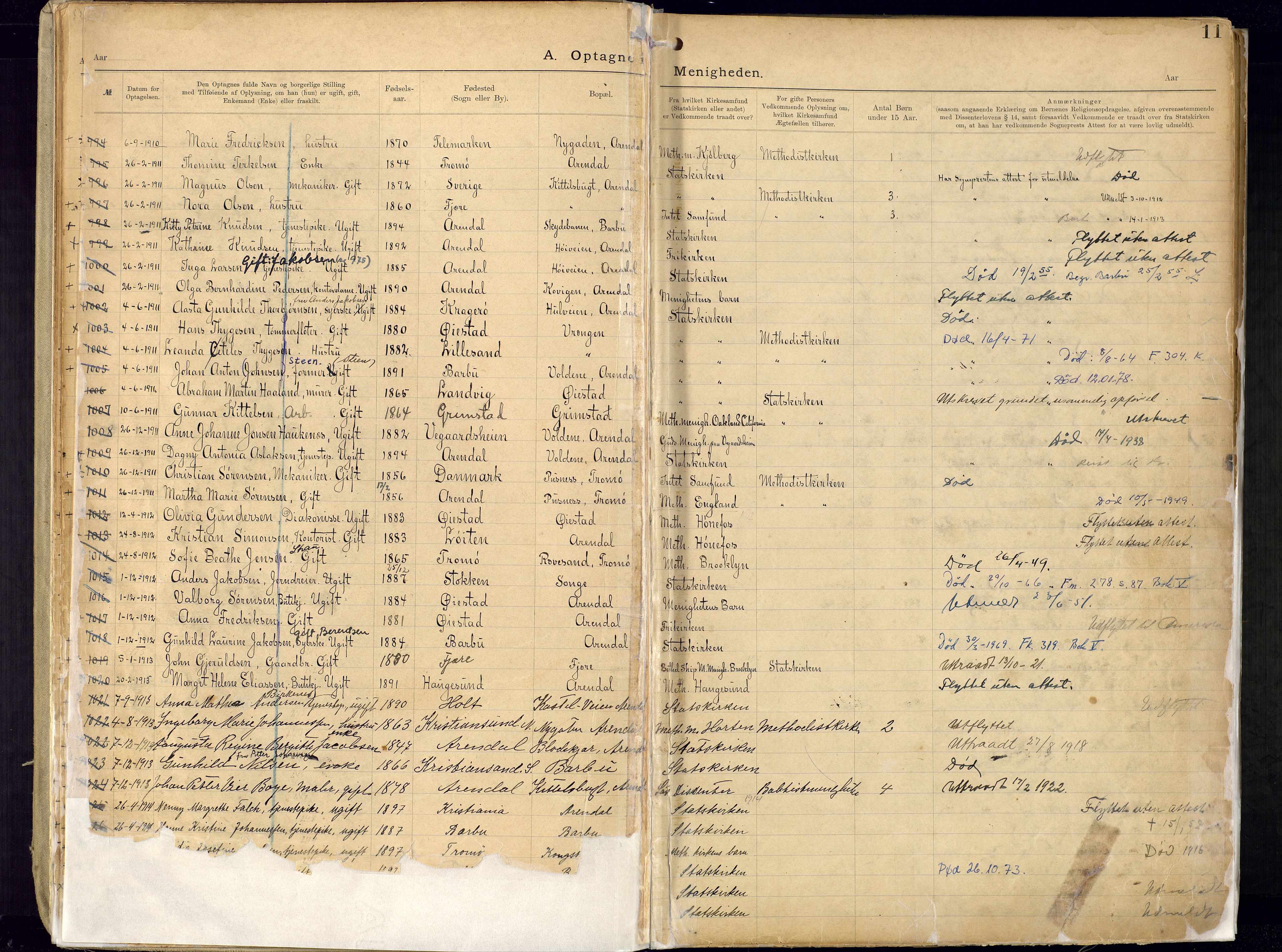 Metodistmenigheten, Arendal, SAK/1292-0011/F/Fa/L0005: Dissenter register no. 5, 1892-1942, p. 11
