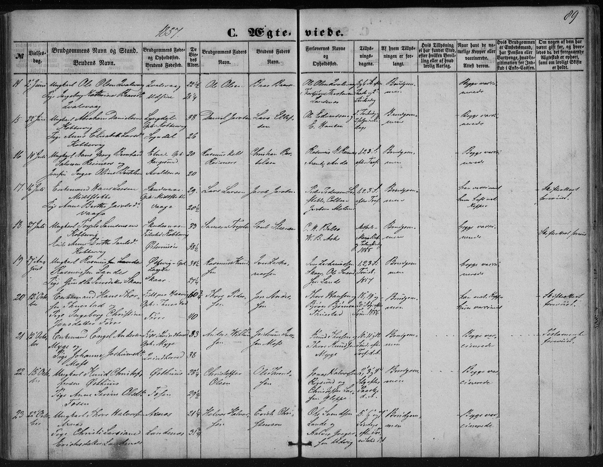 Avaldsnes sokneprestkontor, AV/SAST-A -101851/H/Ha/Haa/L0009: Parish register (official) no. A 9, 1853-1865, p. 89