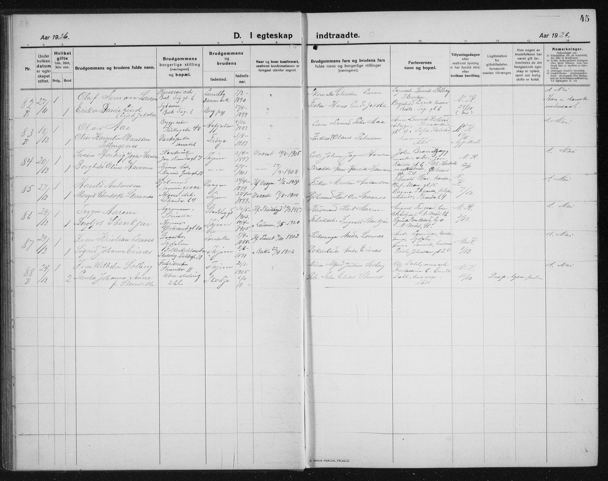 Ministerialprotokoller, klokkerbøker og fødselsregistre - Sør-Trøndelag, SAT/A-1456/605/L0260: Parish register (copy) no. 605C07, 1922-1942, p. 45