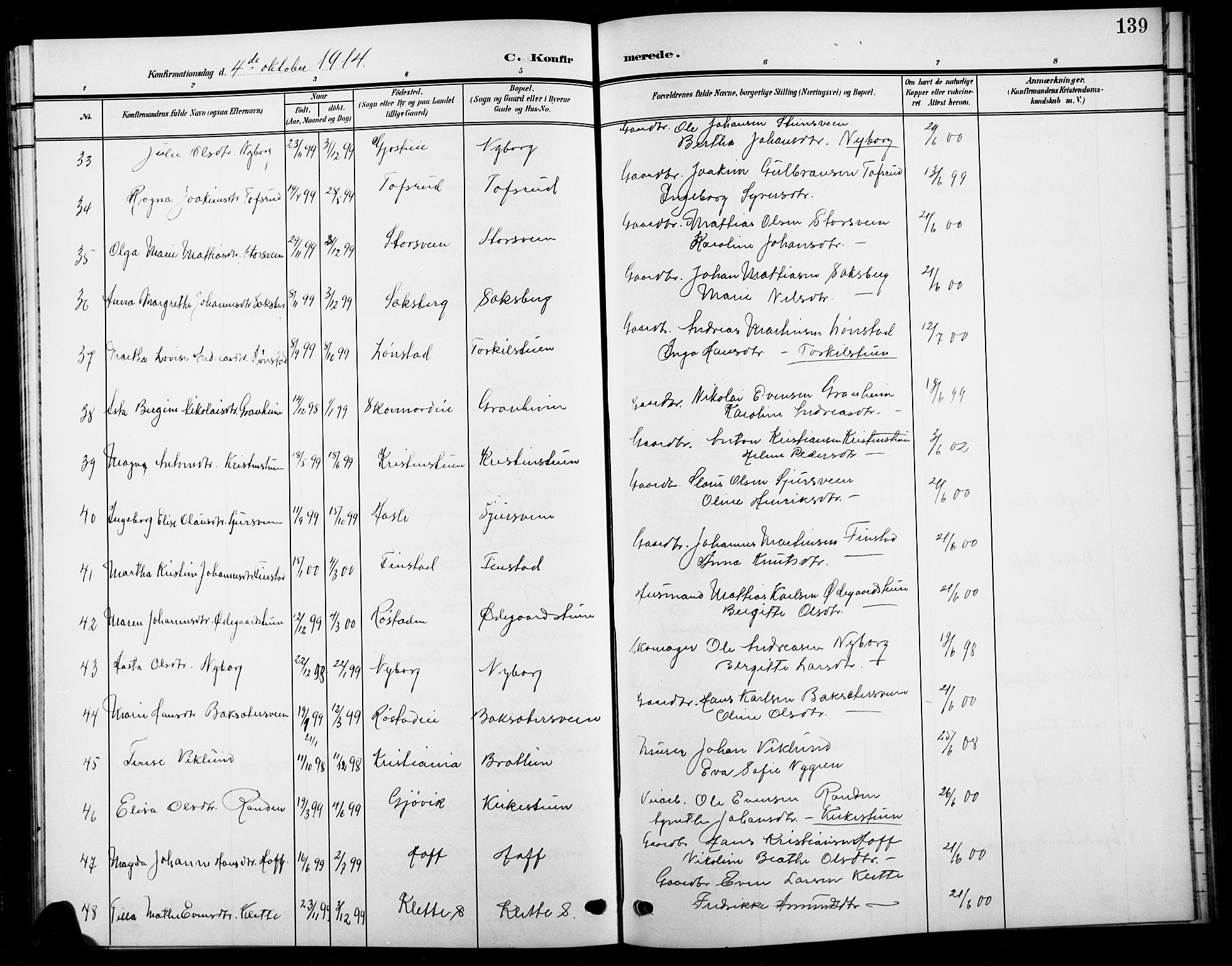 Biri prestekontor, SAH/PREST-096/H/Ha/Hab/L0005: Parish register (copy) no. 5, 1906-1919, p. 139