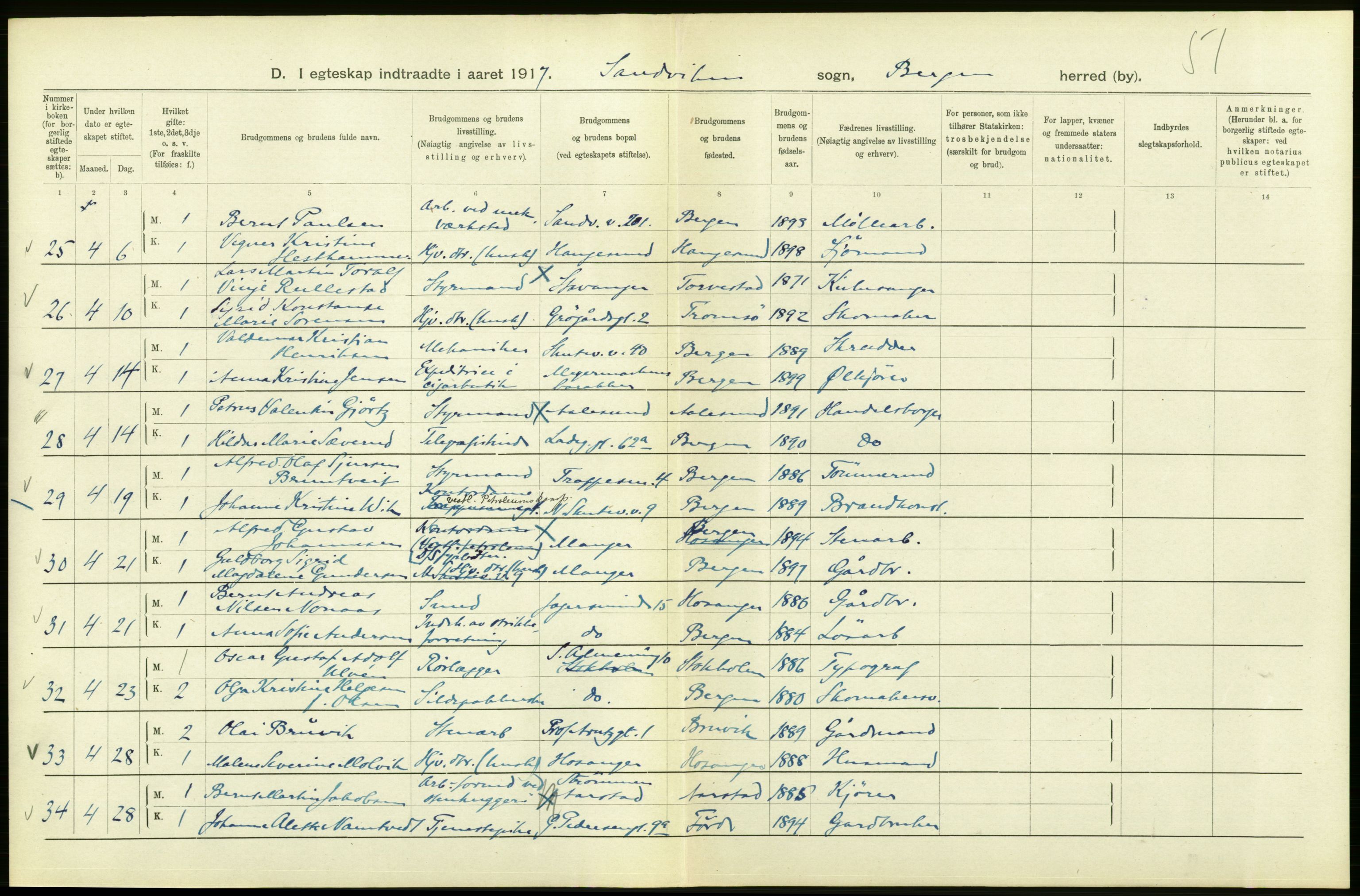 Statistisk sentralbyrå, Sosiodemografiske emner, Befolkning, RA/S-2228/D/Df/Dfb/Dfbg/L0038: Bergen: Gifte, døde, dødfødte., 1917, p. 240