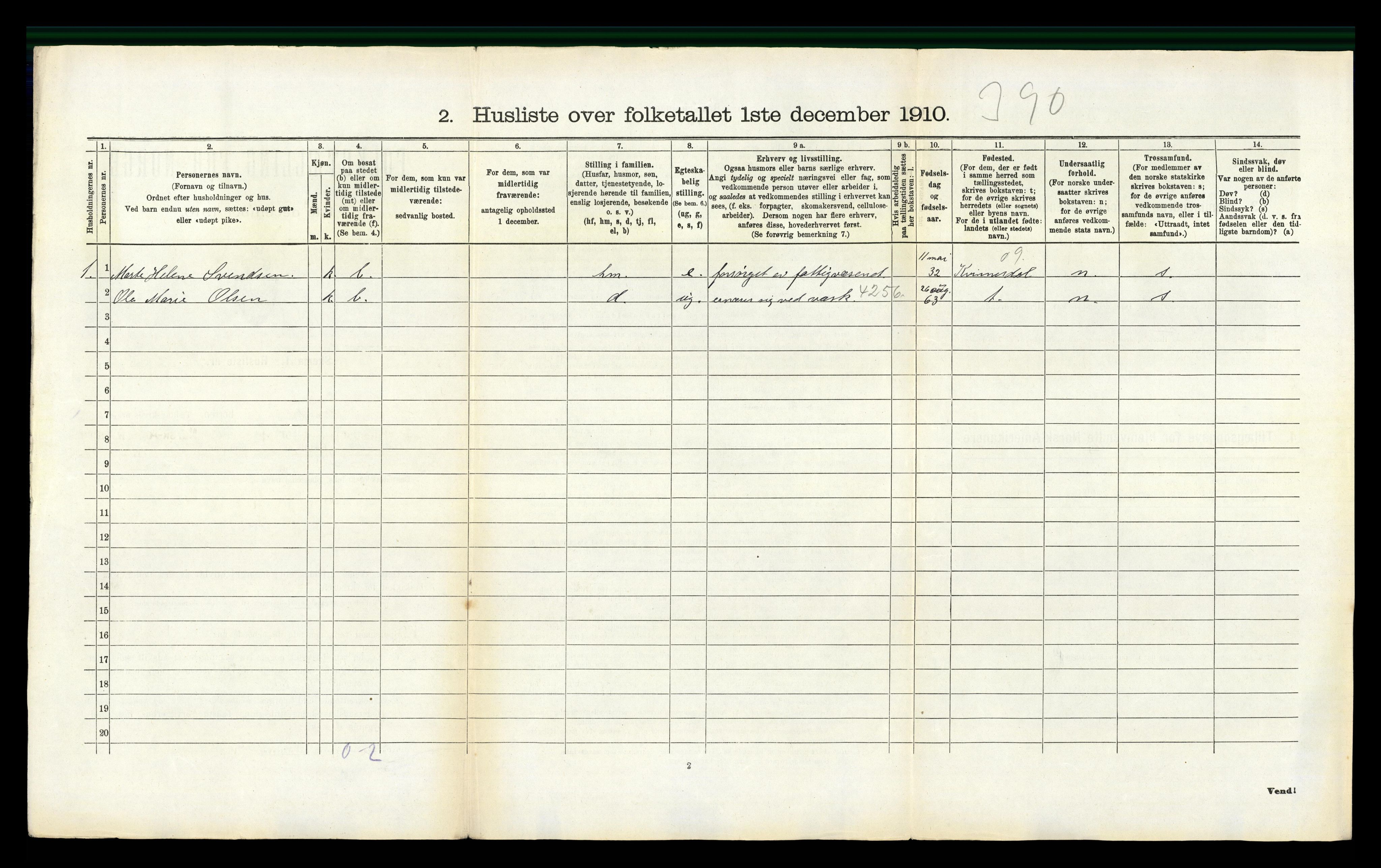 RA, 1910 census for Vanse, 1910, p. 278