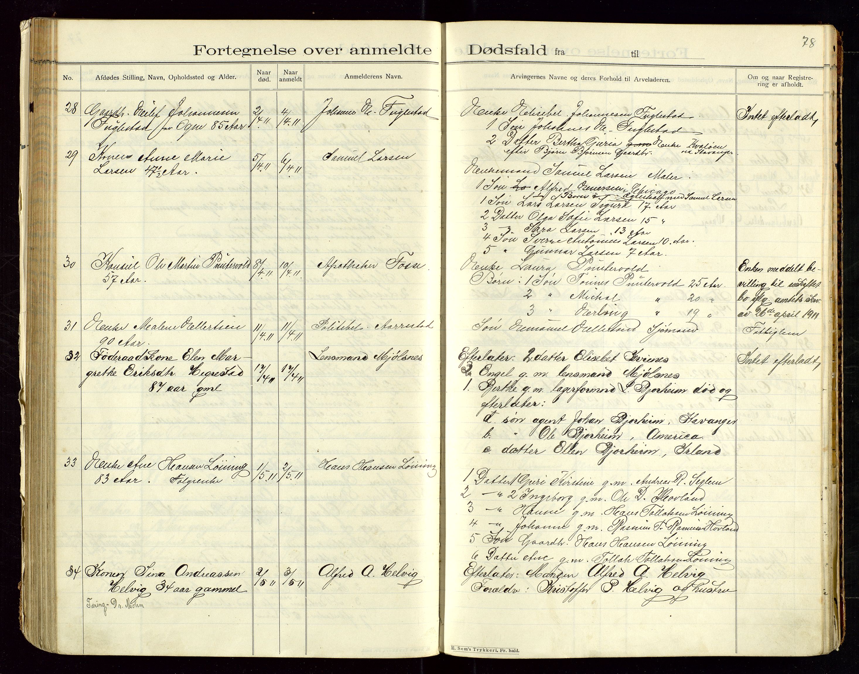 Eigersund lensmannskontor, SAST/A-100171/Gga/L0005: "Dødsfalds-Protokol" m/alfabetisk navneregister, 1905-1913, p. 78