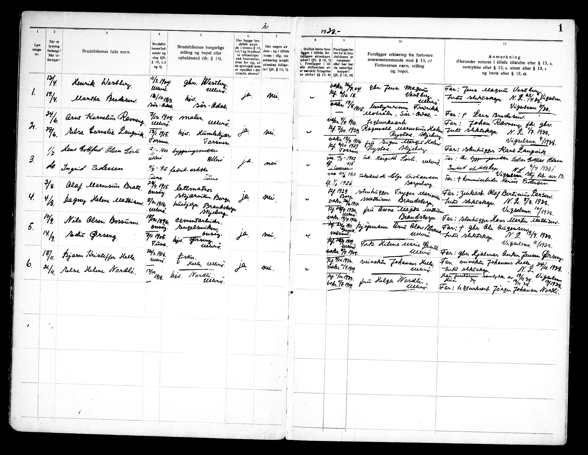 Skjeberg prestekontor Kirkebøker, AV/SAO-A-10923/H/Ha/L0004: Banns register no. I 4, 1938-1970, p. 1