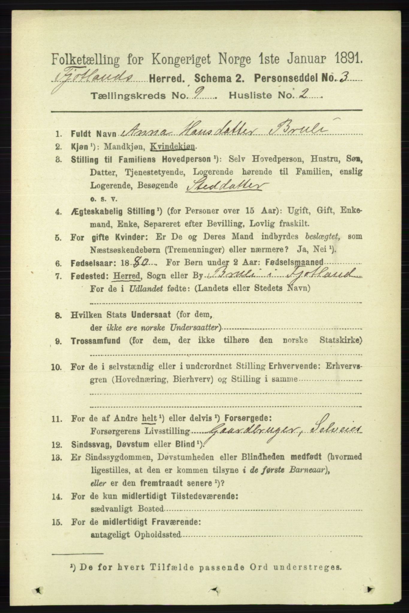 RA, 1891 census for 1036 Fjotland, 1891, p. 1310