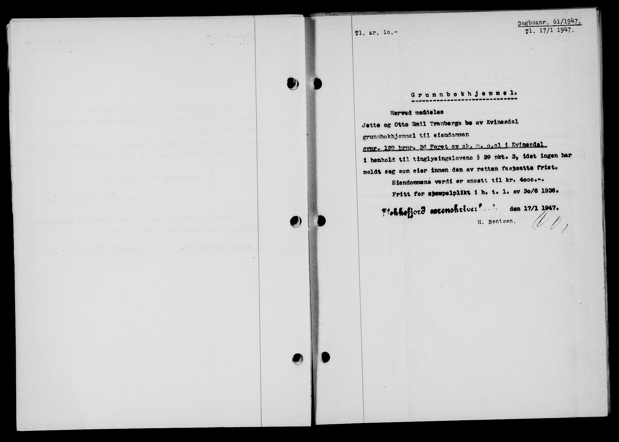 Flekkefjord sorenskriveri, SAK/1221-0001/G/Gb/Gba/L0061: Mortgage book no. A-9, 1946-1947, Diary no: : 61/1947