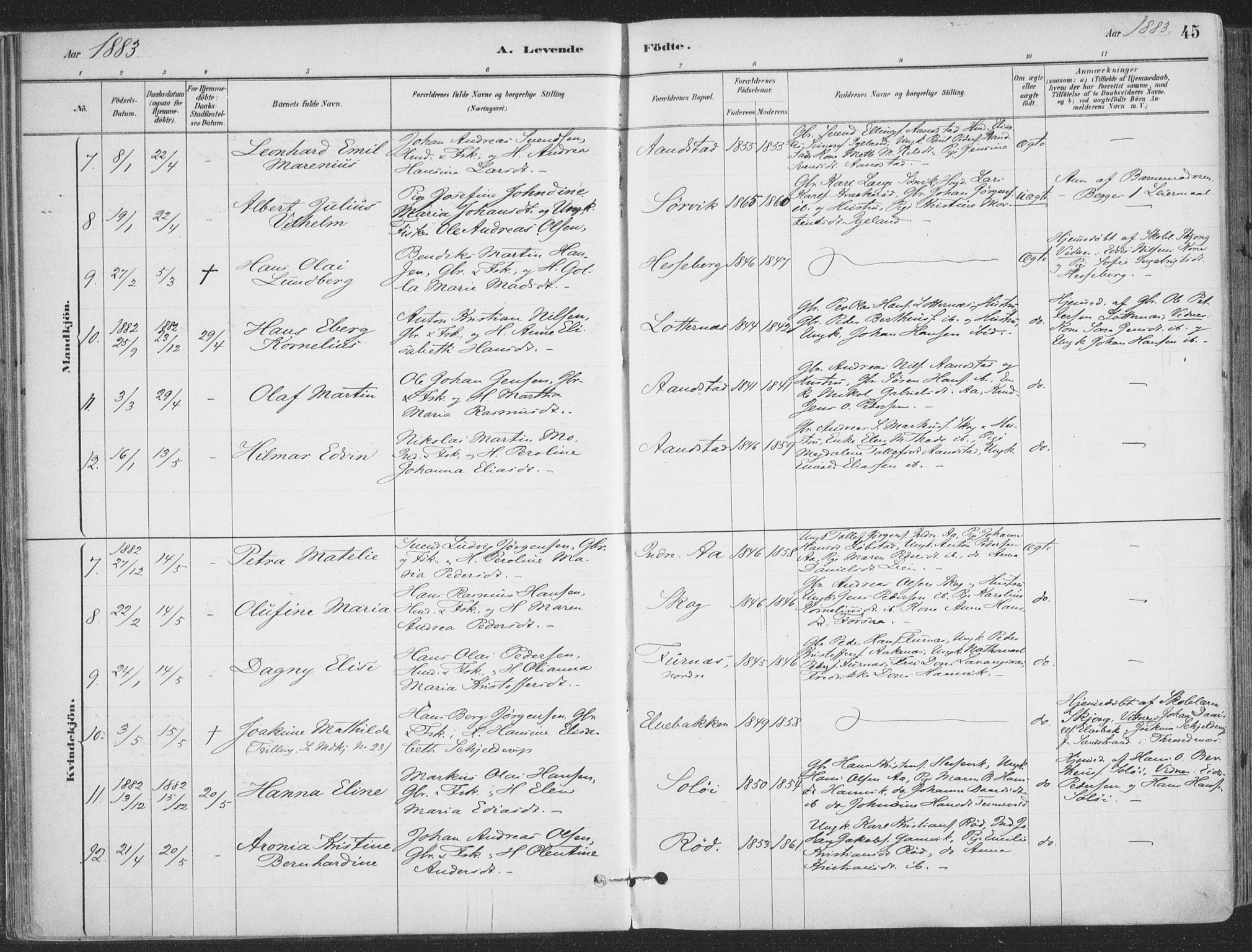 Ibestad sokneprestembete, SATØ/S-0077/H/Ha/Haa/L0011kirke: Parish register (official) no. 11, 1880-1889, p. 45