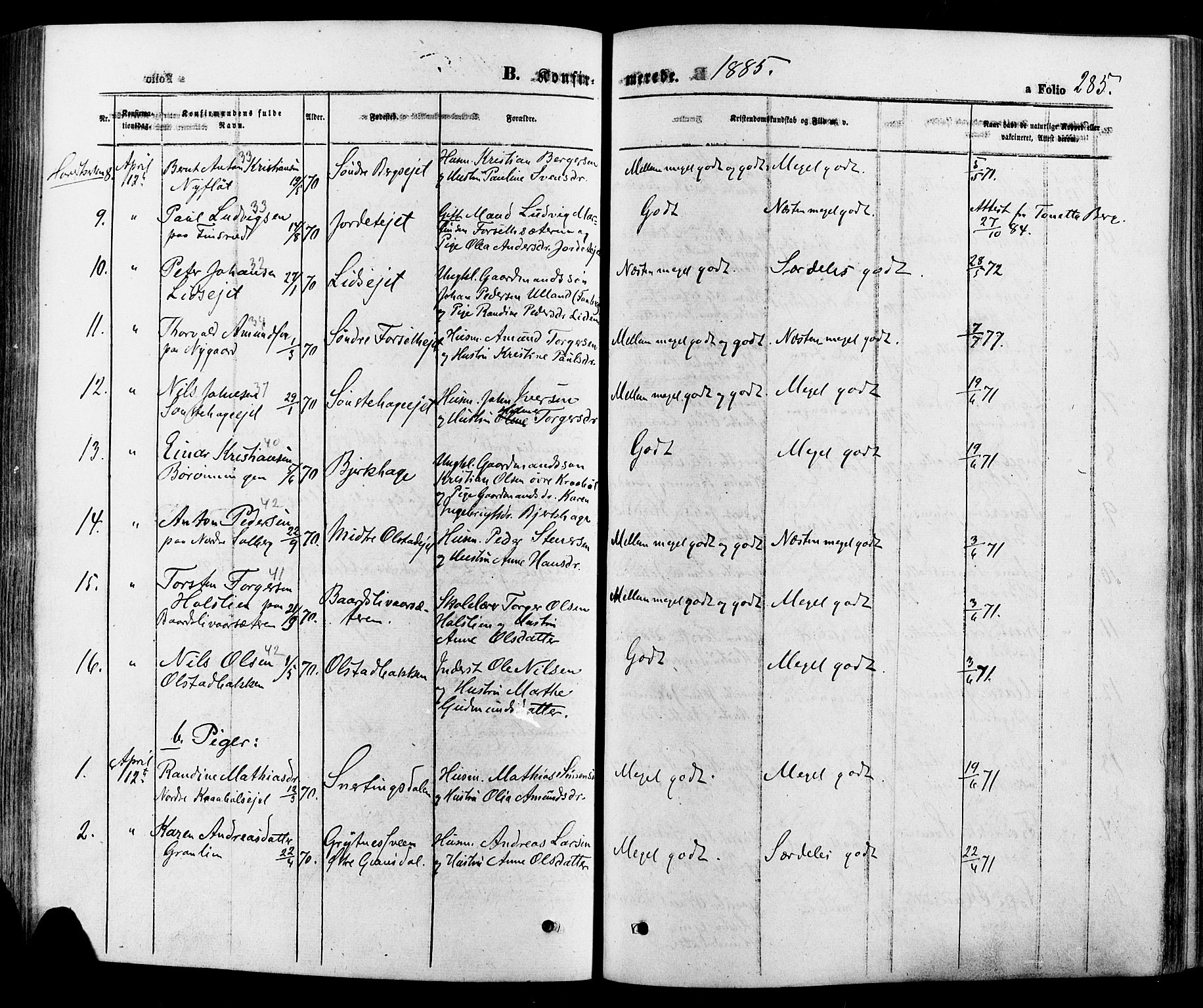 Gausdal prestekontor, SAH/PREST-090/H/Ha/Haa/L0010: Parish register (official) no. 10, 1867-1886, p. 285