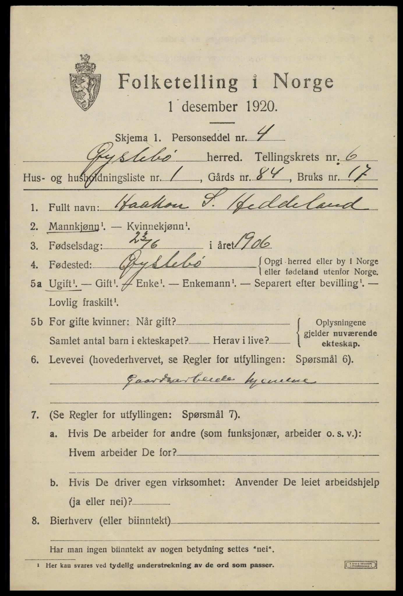 SAK, 1920 census for Øyslebø, 1920, p. 1890