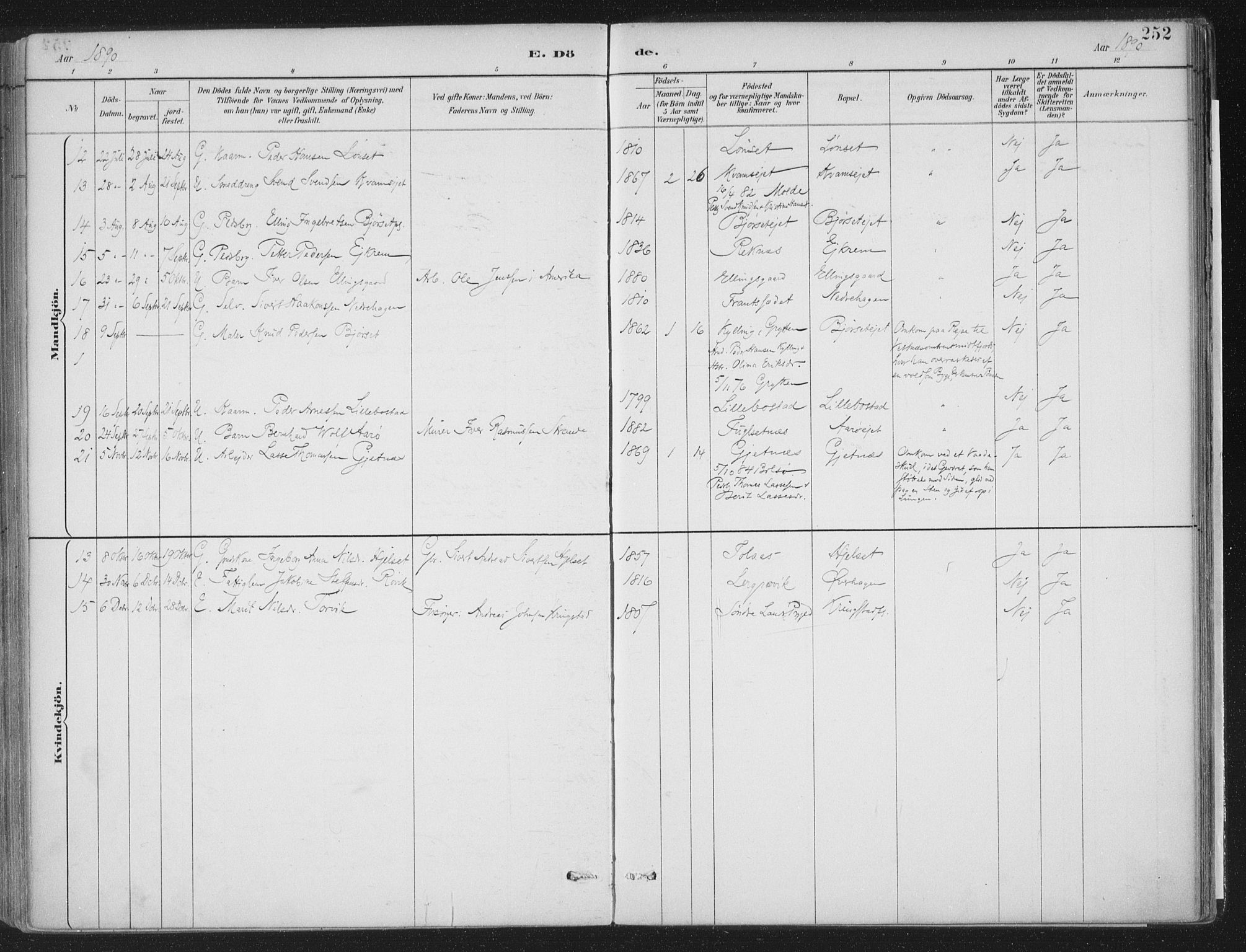 Ministerialprotokoller, klokkerbøker og fødselsregistre - Møre og Romsdal, SAT/A-1454/555/L0658: Parish register (official) no. 555A09, 1887-1917, p. 252