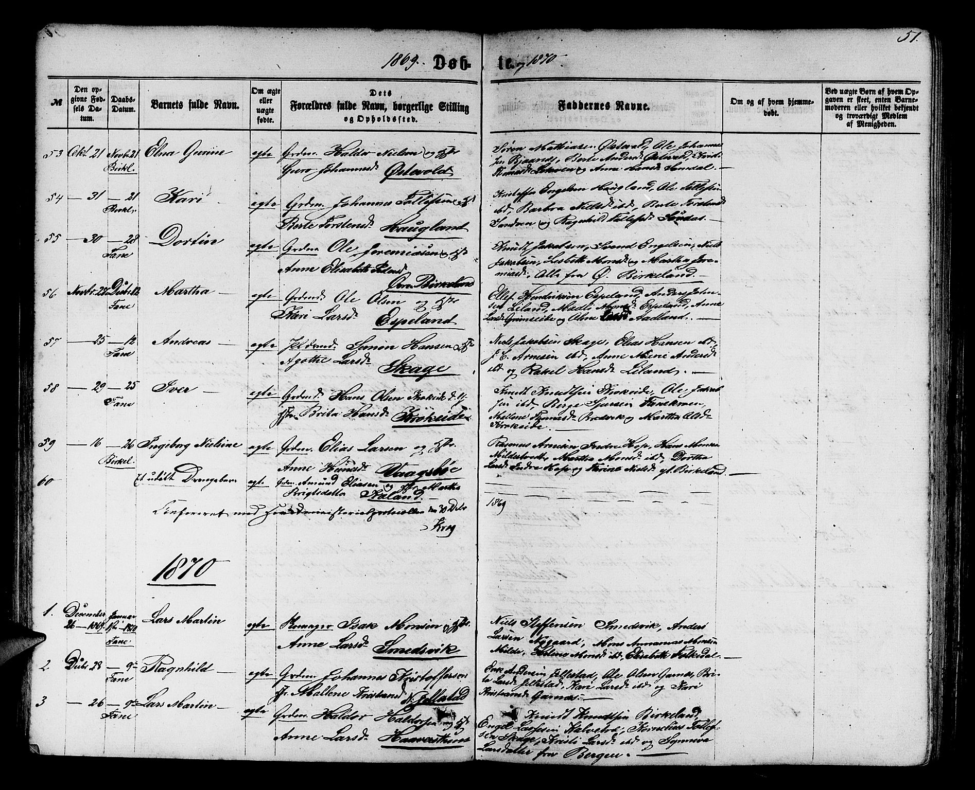 Fana Sokneprestembete, SAB/A-75101/H/Hab/Habb/L0003: Parish register (copy) no. B 3, 1861-1888, p. 51