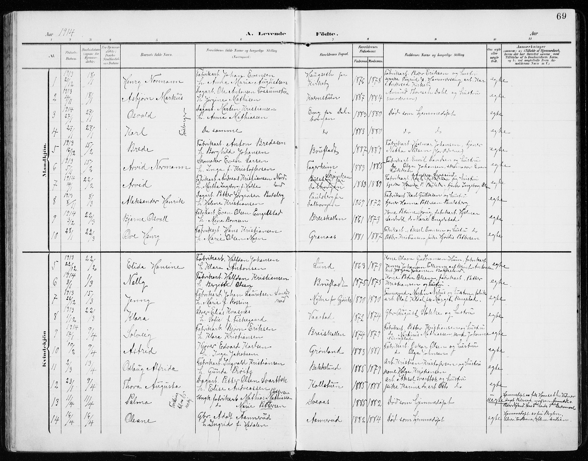 Vardal prestekontor, AV/SAH-PREST-100/H/Ha/Haa/L0016: Parish register (official) no. 16, 1904-1916, p. 69