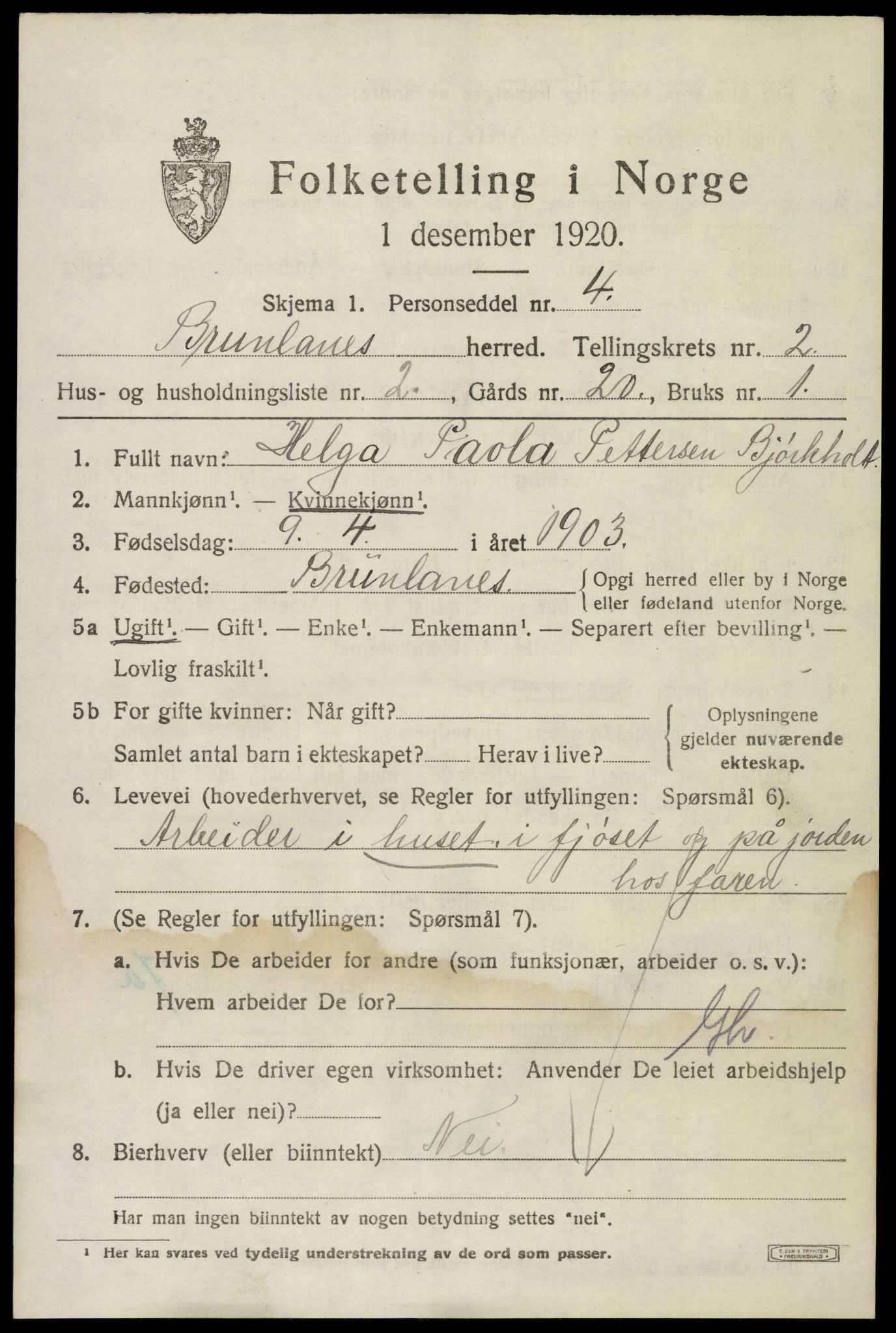 SAKO, 1920 census for Brunlanes, 1920, p. 3327
