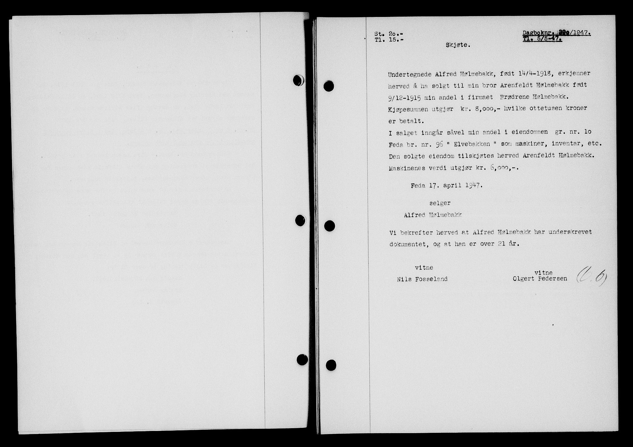 Flekkefjord sorenskriveri, SAK/1221-0001/G/Gb/Gba/L0062: Mortgage book no. A-10, 1947-1947, Diary no: : 390/1947